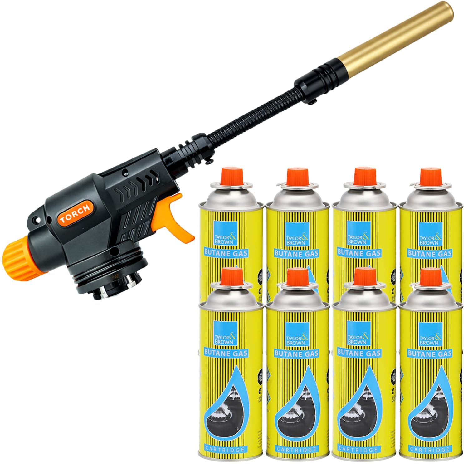 Greenfields Flexible Nozzle Butane Blow Torch, Professional Cooking & DIY Torch Adjustable Flame, Stainless Steel Nozzle for BBQ, Creme Brulee, Soldering & Pipe Heating (Torch + 8 Refills)
