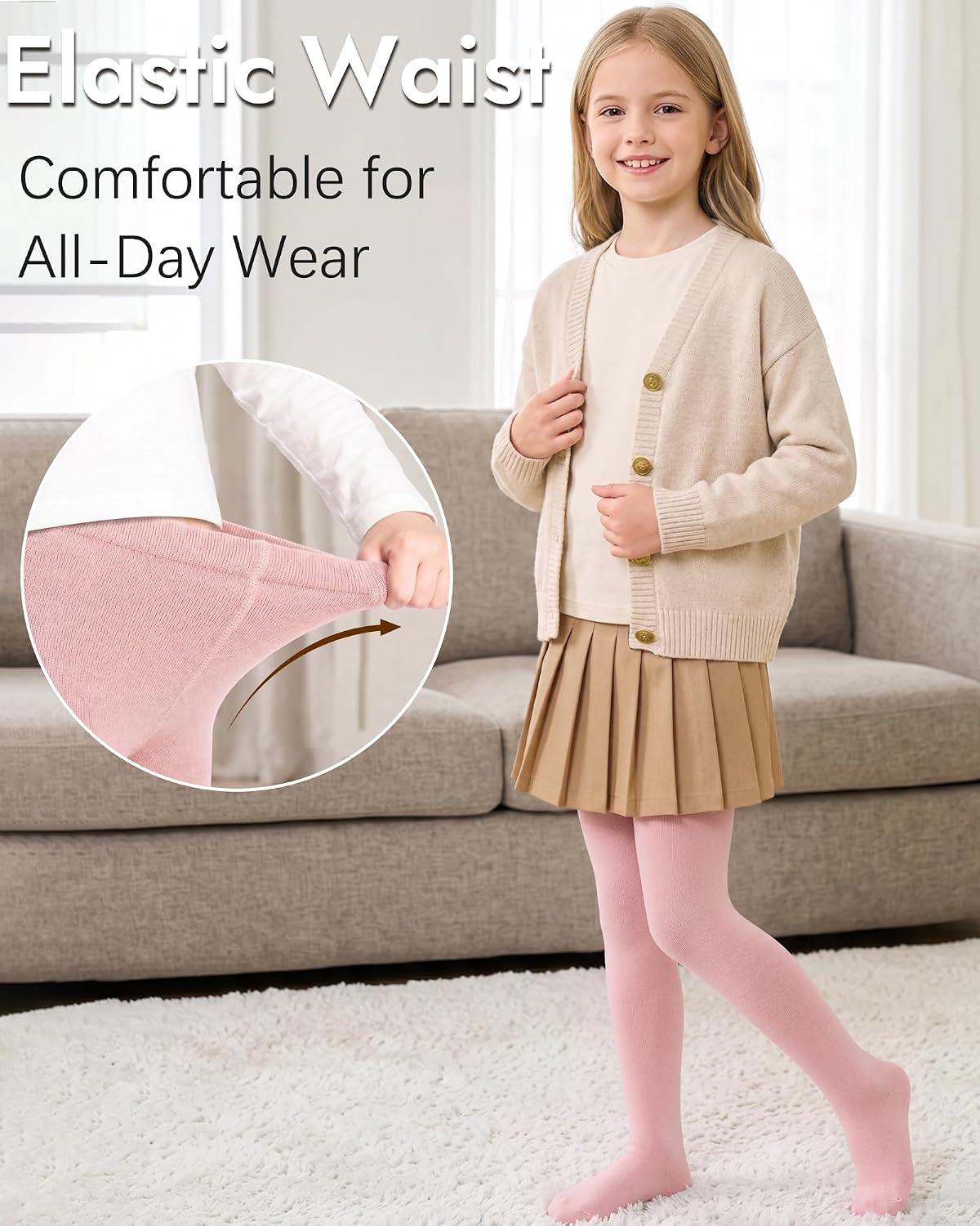 HONGTEYA 3 Pack Girls School Dress Cotton Tights (US, Age, 10 Years, Black+White+Pink)