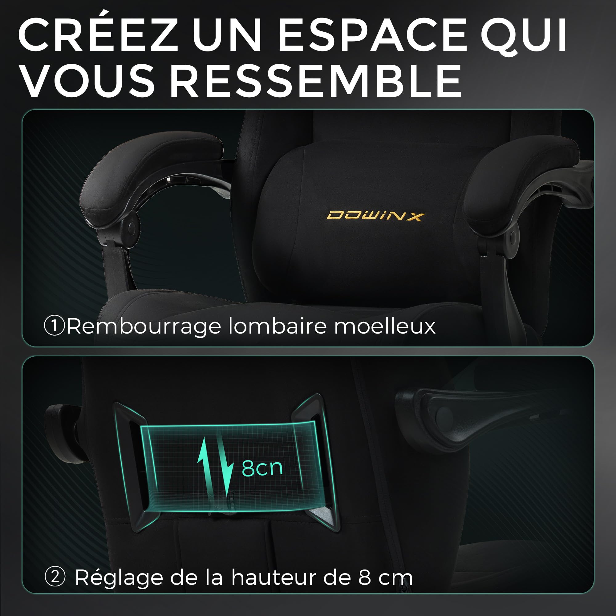 Dowinx Chaise Gaming Ergonomique avec Coussin Lombaire Réglable, Fauteuil Gamer en Velours, Assise Épaissie, Repose-Pieds Rétractable, Accoudoirs Réglables, Dossier Inclinable 160°, Noir
