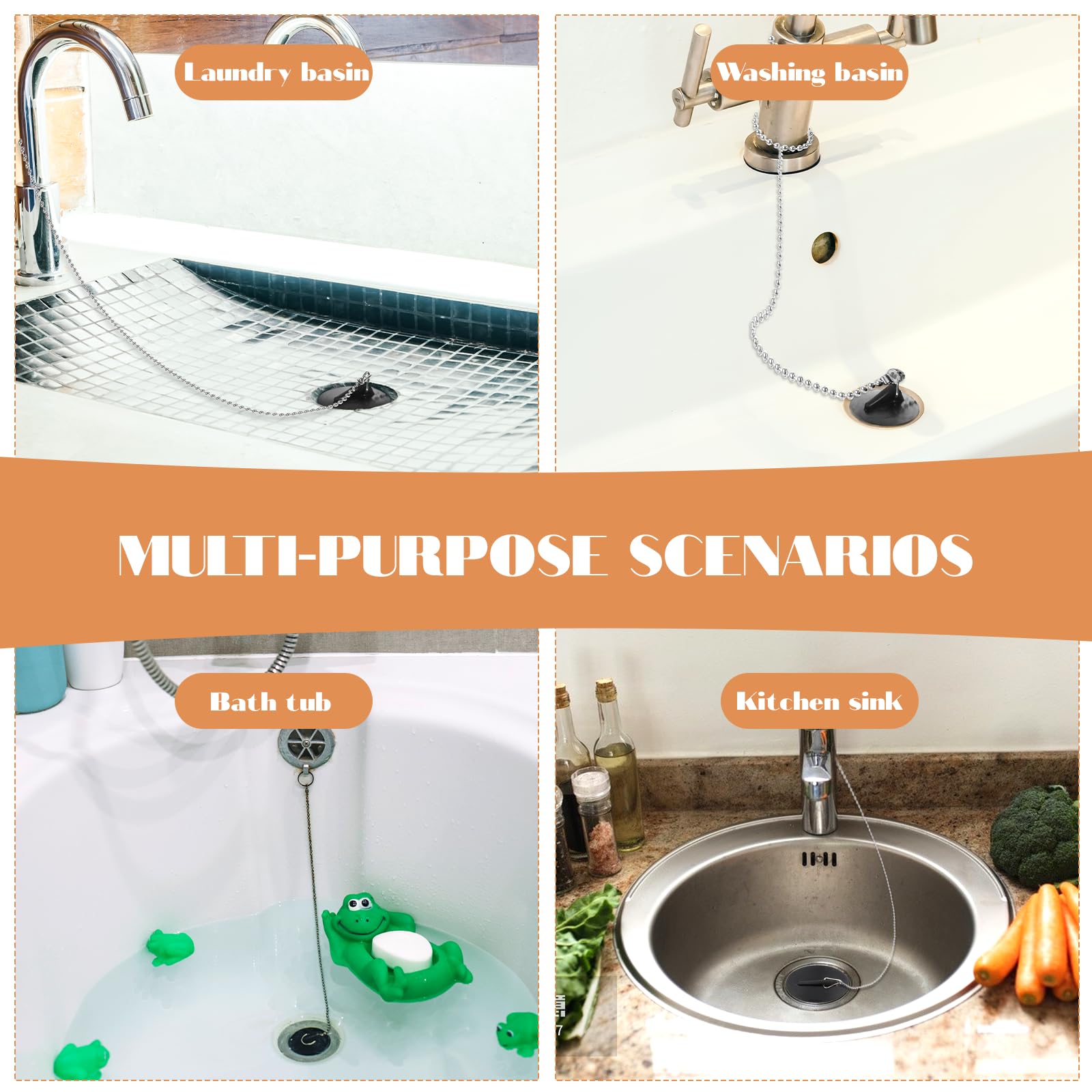 Universal Sink Plug, Universal Rubber Bath Plug And Chain, Bathroom