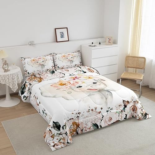 Miniatura 2 de Juego de edredón de elefante lindo para niños, ropa de cama de flores de cerezo morado, tamaño matrimonial, edredón y juegos de ropa de cama de