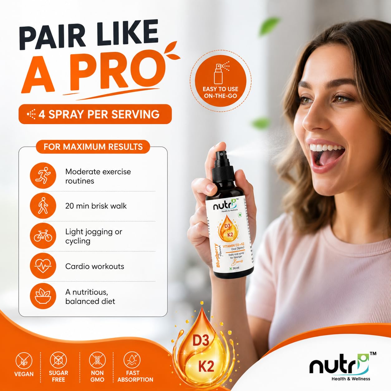 Nutri Health & Wellness Vitamin D3 + K2 Oral Spray, Blueberry Flavour, 30ml | Vitamin D3 600 IU & Vitamin K2 55mcg Per Serving | Sugar Free | Vegetarian Daily Nutritional Supplement — Amazon image 6