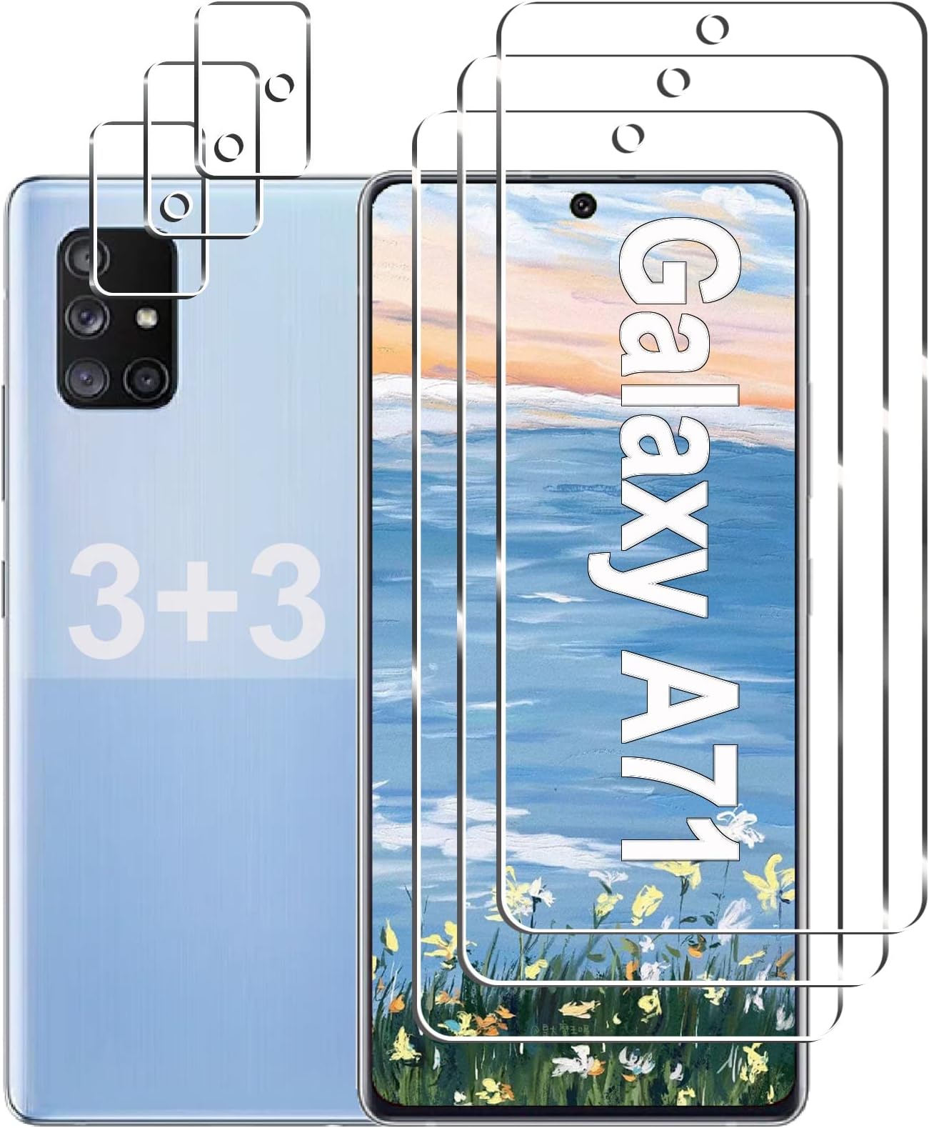 [3+3 Pack]Galaxy A71 5G Screen Protector+Camera Lens Protector, 9H Hardness Tempered Glass, Anti Scratch, HD Clear, Easy Installation, Bubble Free, Screen Protector for Samsung Galaxy A71 5G/4G/5G UW