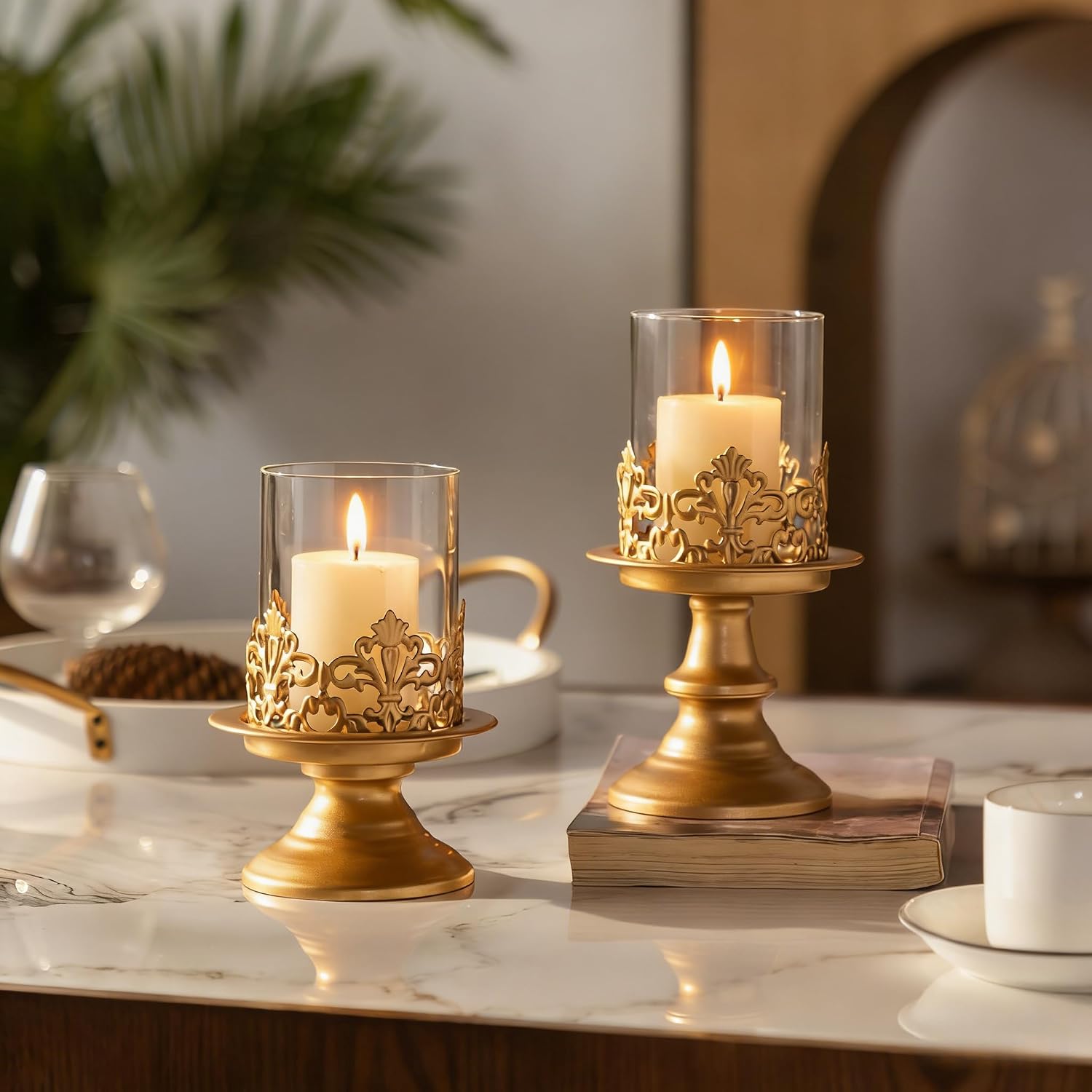 Vintage Hurricane Candle Holders Set of 2 – Gold Metal & Clear Glass Pillar Candle Holder Lanterns for Home Decor, Gothic Table Centerpiece, Wedding & Holiday Ambiance