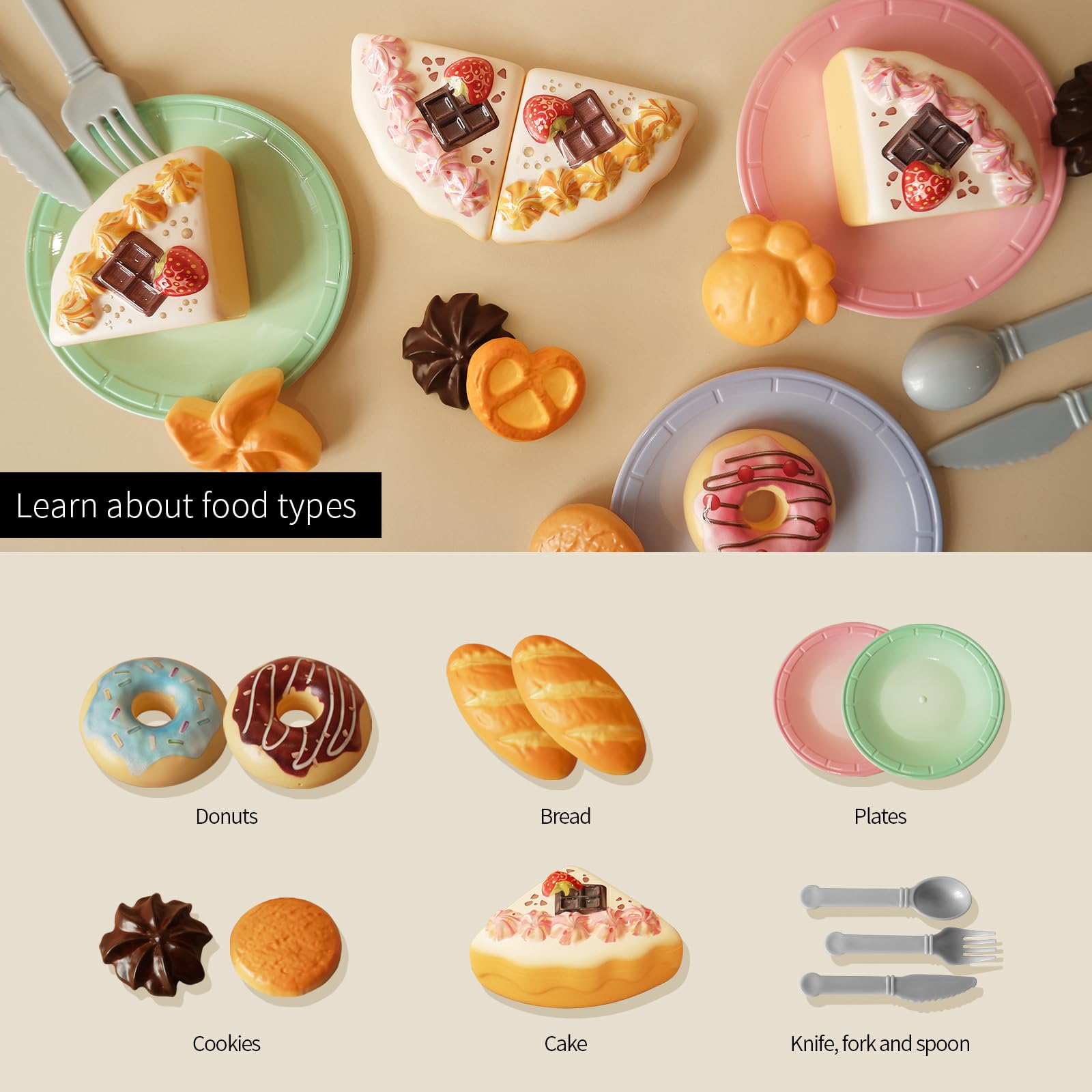 GILOBABY Toy Food for Toddlers, Pretend Play Toys for Toddlers with Dessert Cakes and Kitchen Accessories, Learning & Educational Tea Party Set for Girls 3 Year and Up, 34 Pcs