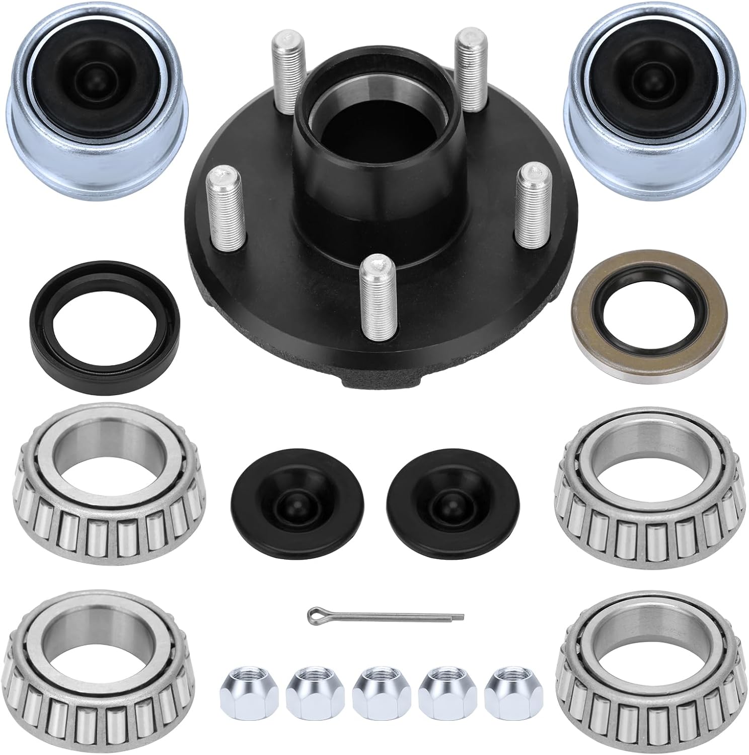 1 Sets Trailer Hub Kit 5 Bolt 4.5" 2000lb, Trailer Axle Kit for 2000 lb 5 Lug Trailer Hub Fits 1" and 1-1/16" Spindle with Extra Dust Cap and Rubber Plug