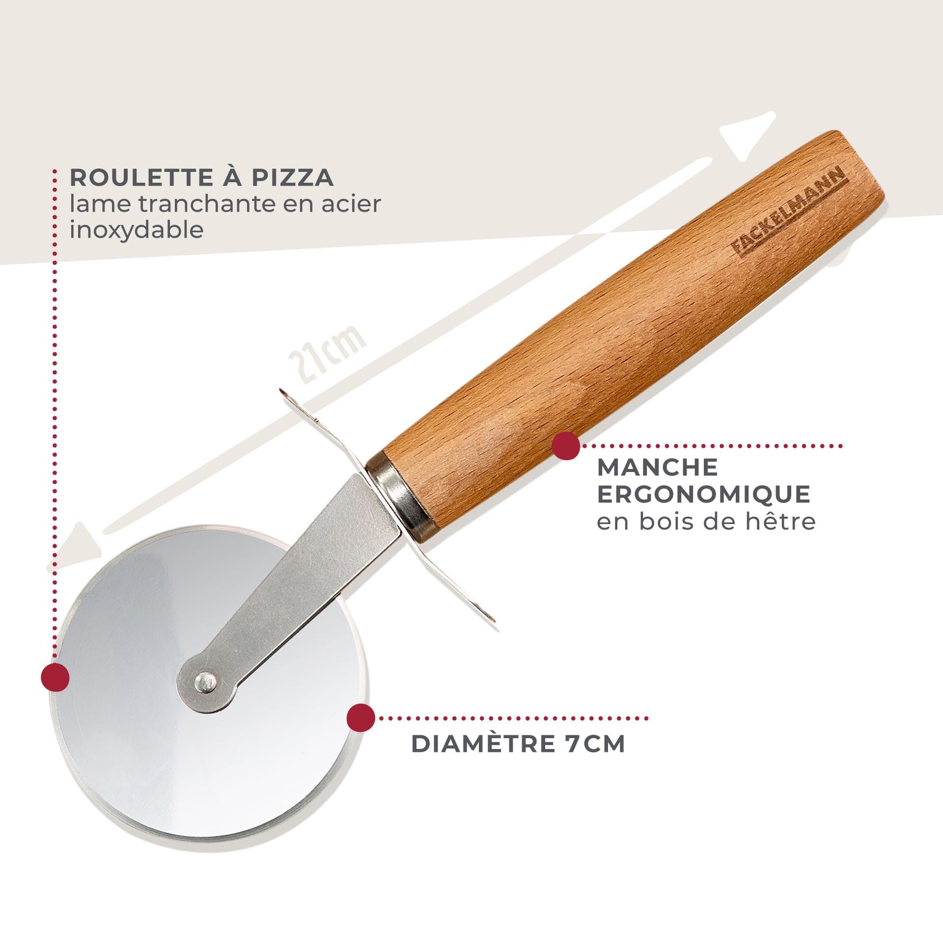 Fackelmann Krajalnica do pizzy i tart – koło do pizzy z ostrym ostrzem ze stali nierdzewnej – wałek do pizzy z ergonomicznym uchwytem z drewna bukowego – ok. 21 cm