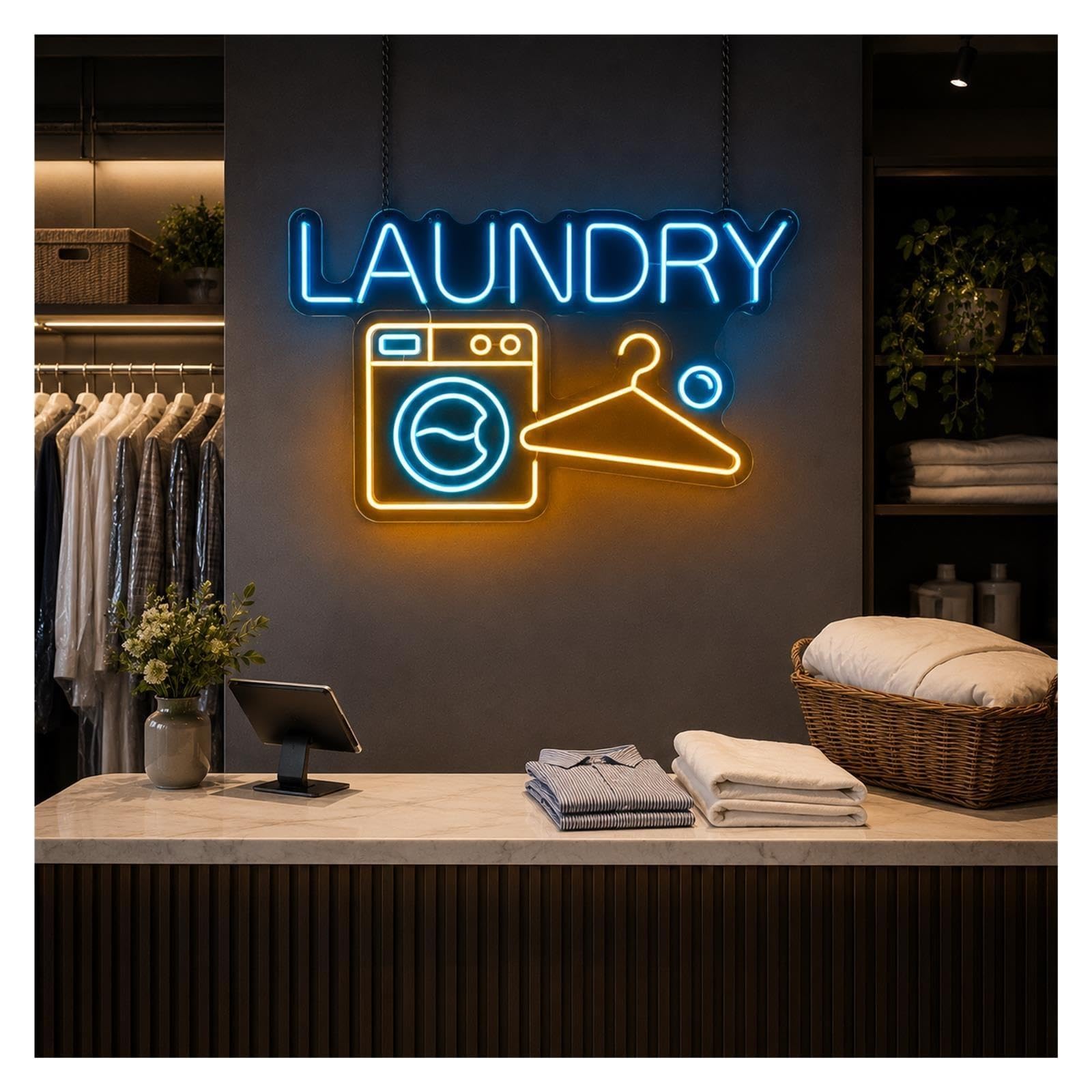 Insegna al Neon Insegna Al Neon Laundry Dimmerabile | Modello Di Appendiabiti Per Lavatrice Luce A LED Per Balcone Lavanderia A Gettoni Home Room Decor 55cm