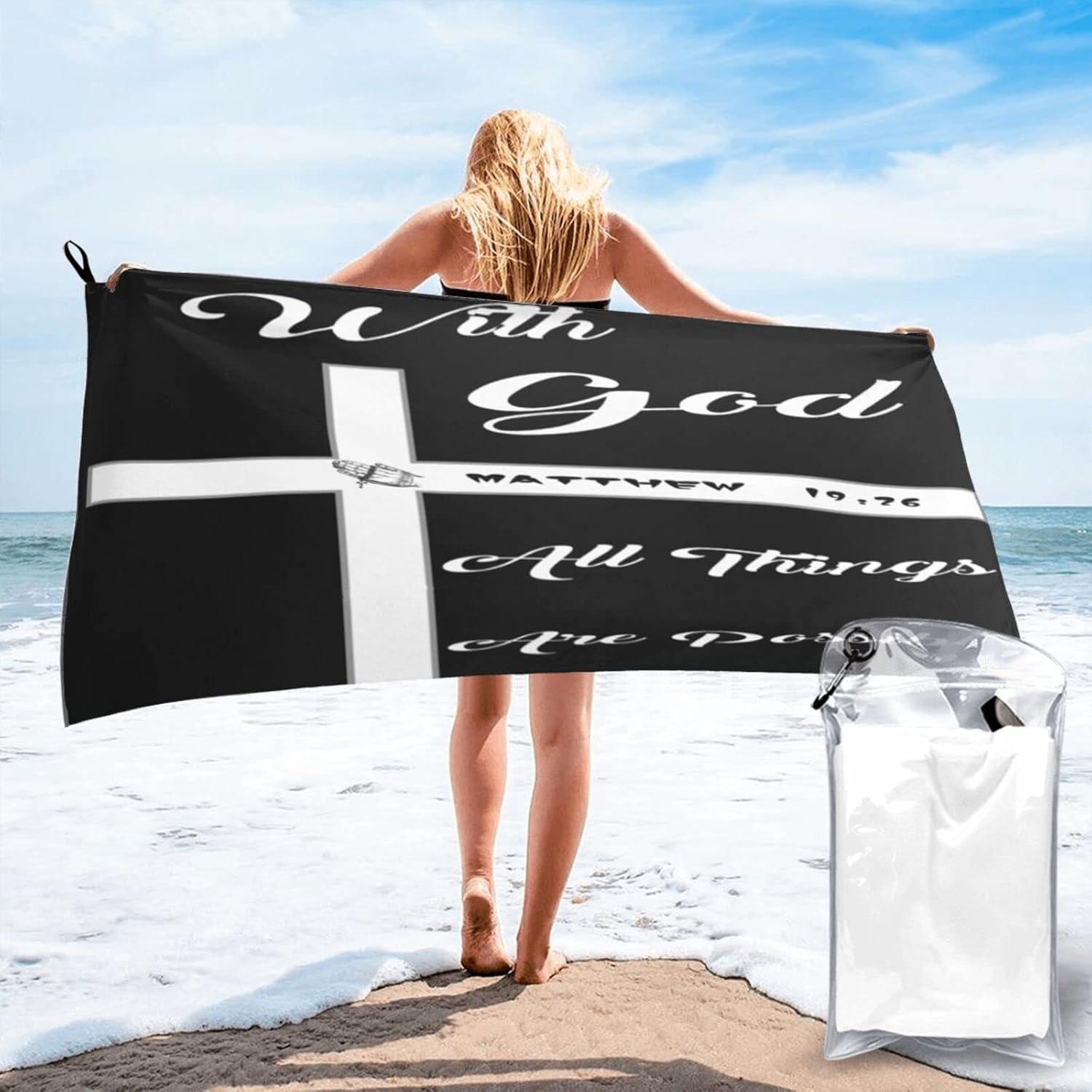 Christian Faith Jesus-with God All Things are Possible Beach Towel Quick Dry Towel Microfiber Sand Free Beach Towels with Pouch Lightweight Thin Pool Swim Towels Summer Gifts 27.5"x55"