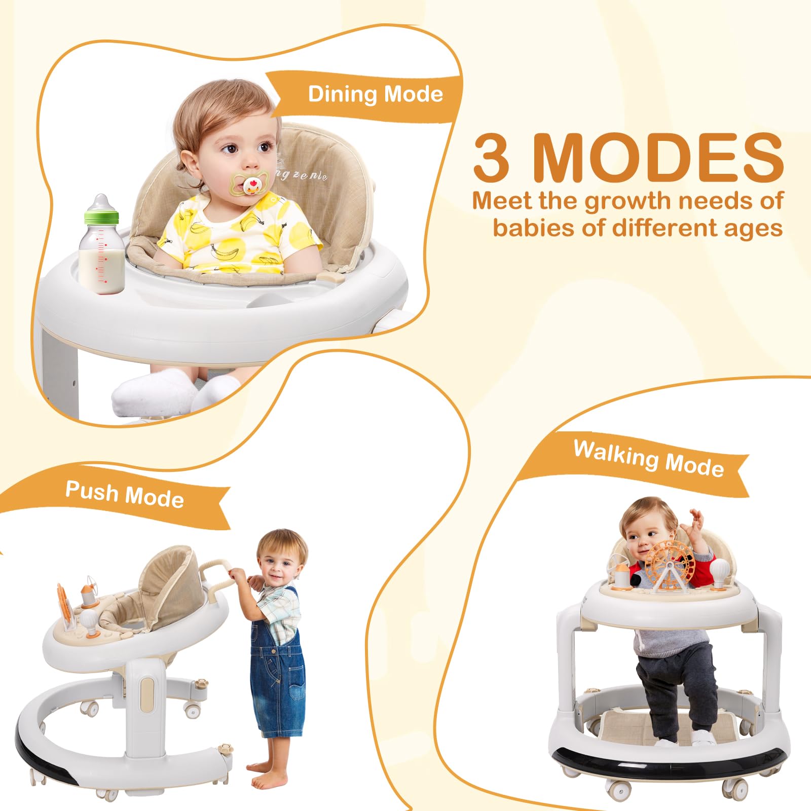 3 w 1 Chodzik dla dzieci, 6 regulowanych wysokości i 2 poziomów regulowanego siedzenia, BabyWalker z cichymi kołami 360°, tacą na kolację i wyjmowaną tacą na muzykę, dla dzieci w wieku 6-18 miesięcy