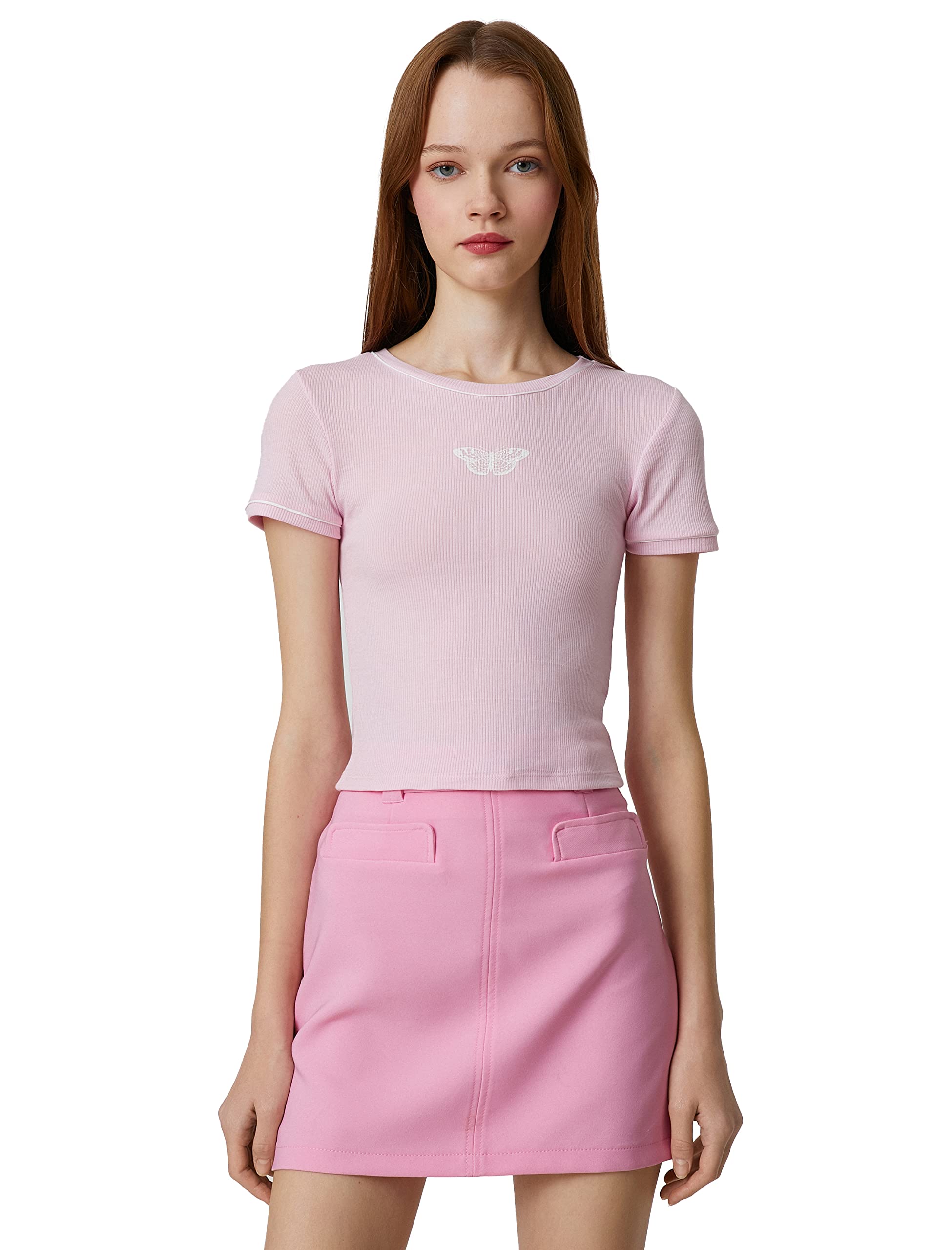 Koton Women's Printed Short Sleeve Crew Neck T-Shirt, Pink (296), Large