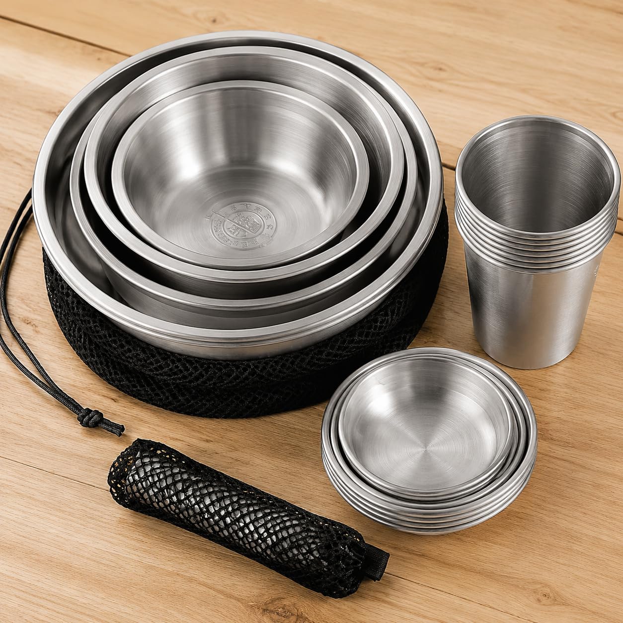 Set Vaisselle Camping Métal, Couvert Pliable and Bols Tasses, Sac Rangement en Mesh, pour Randonnée Pique-Nique
