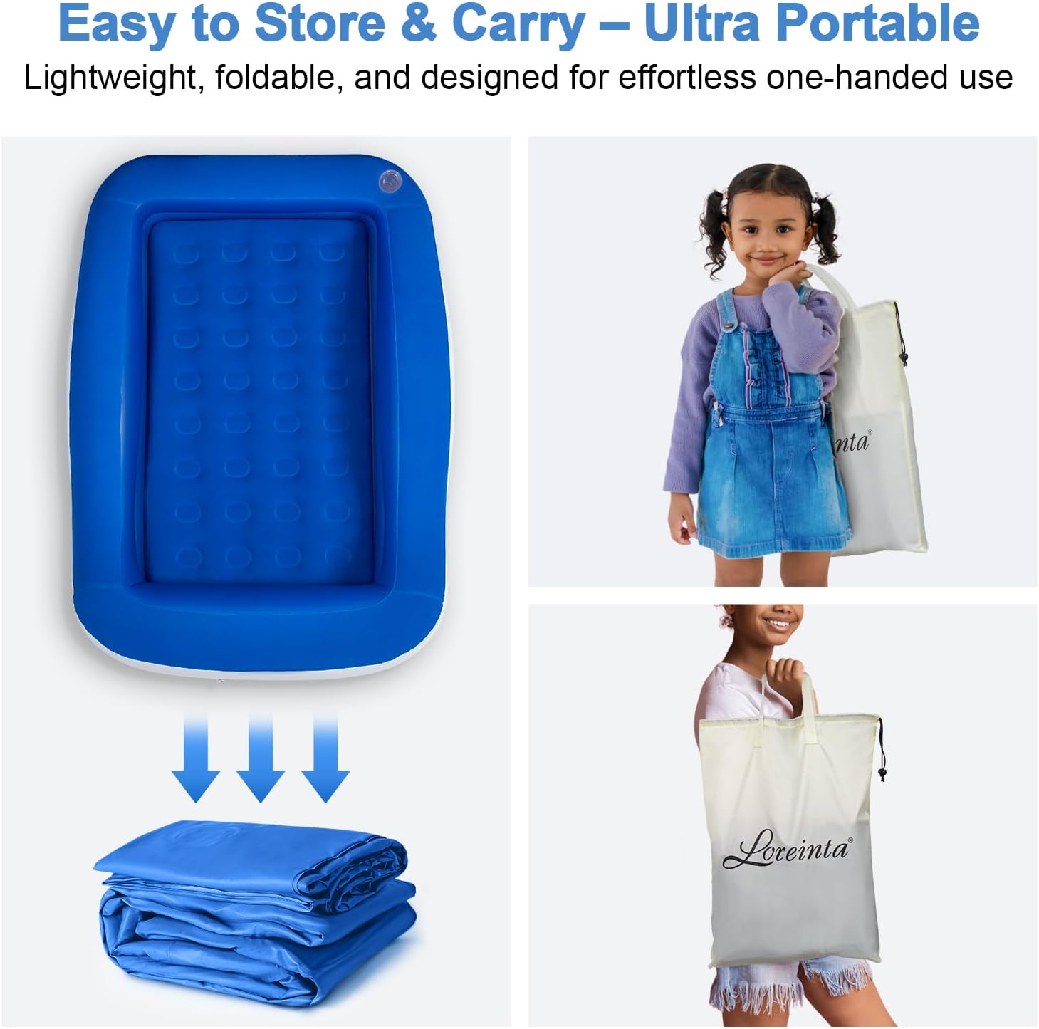 Inflatable Toddler Travel Bed – Portable Toddler Bed with Safety Bumpers, Toddler Floor Bed for Travel, Camping, Sleepovers – Kids Blow Up Bed with Pump & Carry Bag