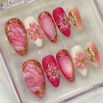30Pcs Pink Flower Press On Nails Medium Almond Fake Nails with 3D Gold Bead Pearl Ice Blooming Design Gold Line Summer Floral Ombre False Nails Cute Spring Full Cover Glue on Nails for Women