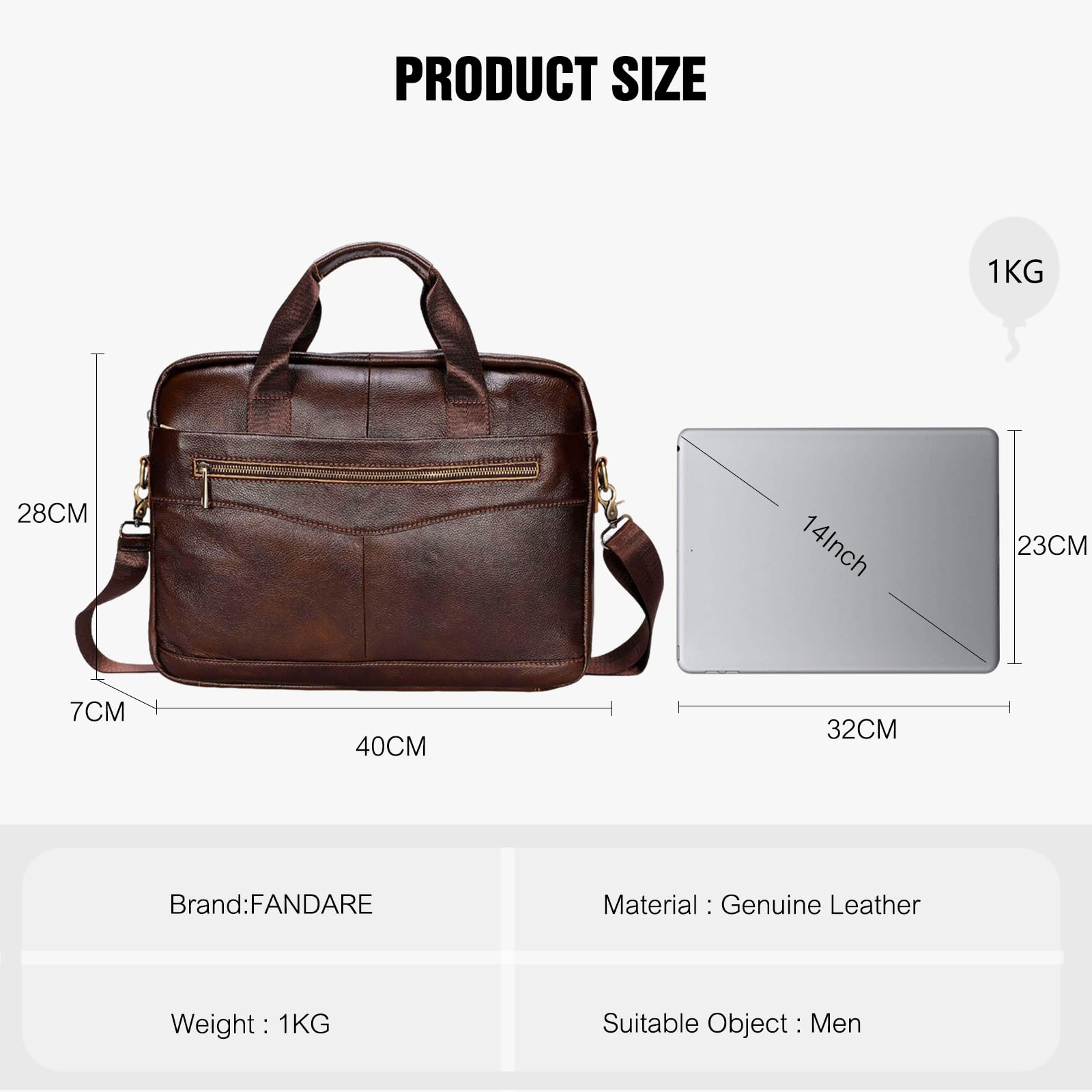 FANDARE Skórzana teczka w stylu retro, męska, na laptopa, crossbody, torba biznesowa z odpinaną torbą na ramię i wieloma kieszeniami, profesjonalna torba na komputer do pracy i podróży
