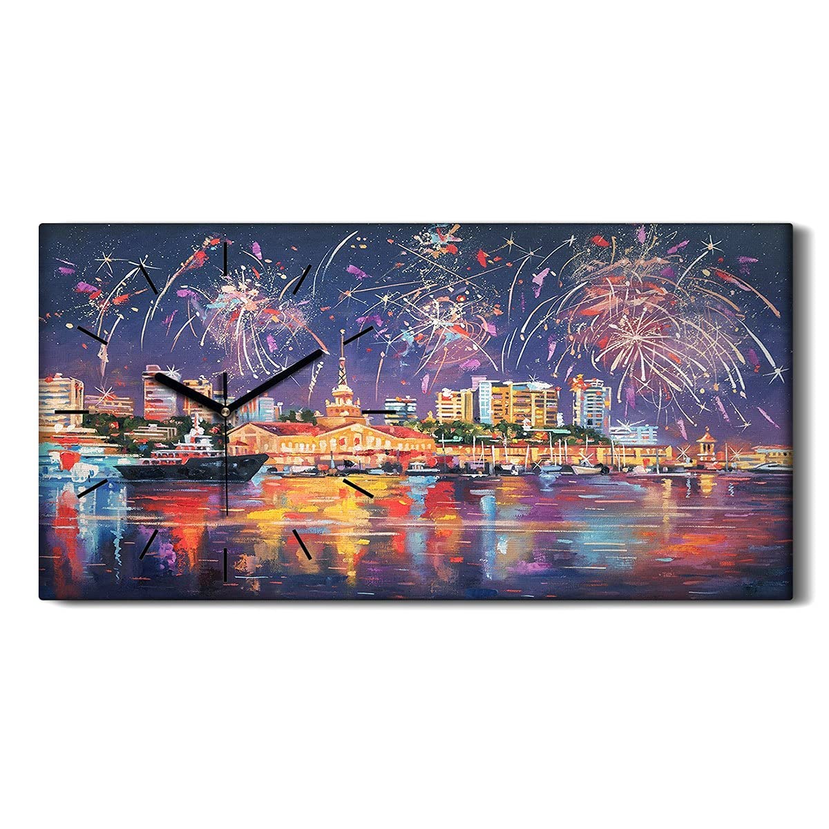 Horloge sur Toile 60x30cm Feux d'artifice de la Ville pour Salon