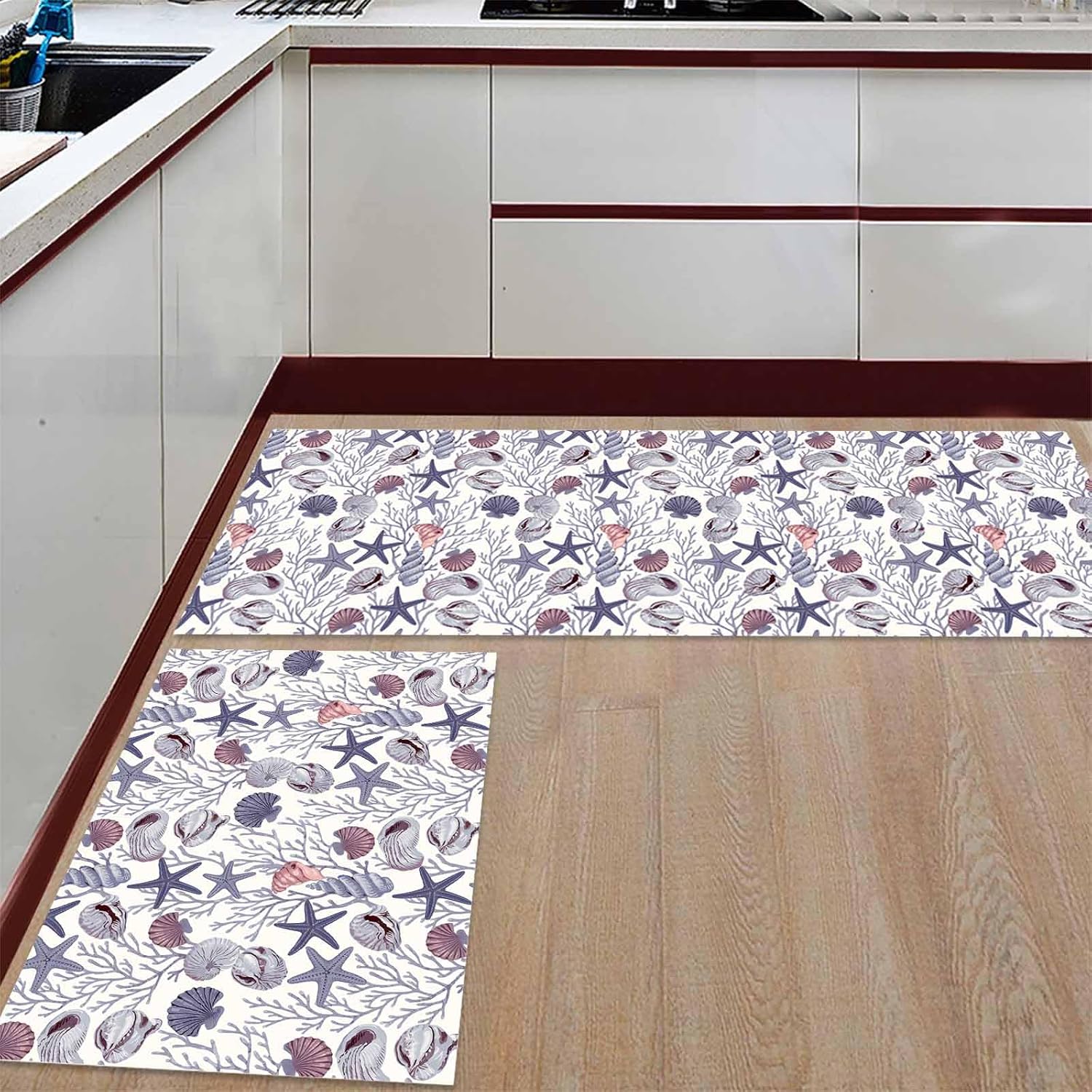 2 Pieces Kitchen Rugs and Mats,Summer Marine Starfish Shell Conch Coral Area Runner Rug Set Non Slip Floor Doormat Washable Carpet Standing Mat for Kitchen Sink Indoor Corridor,Retro Ocean Creature