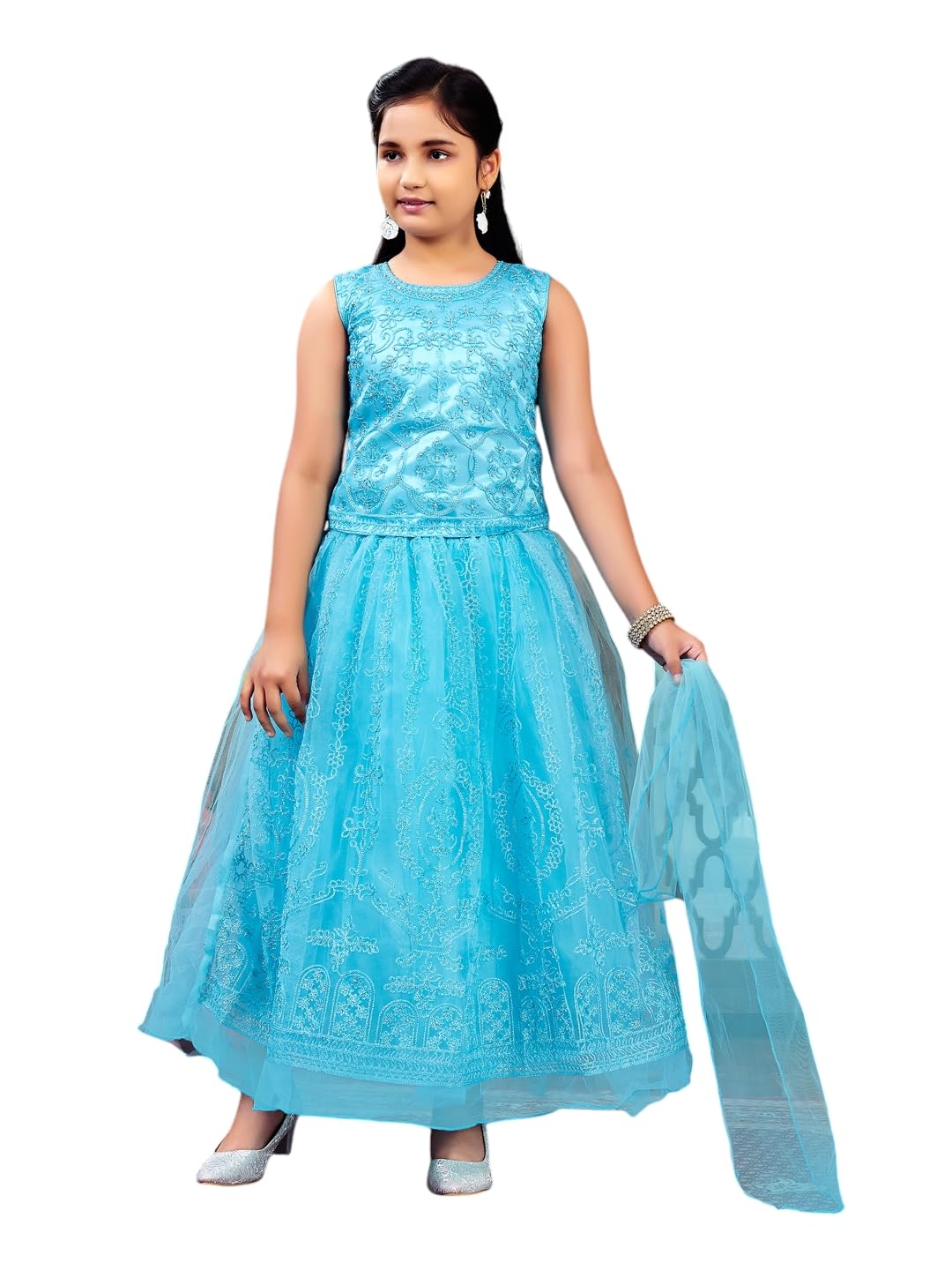 Aarika Girls Ethnic Wear Turquoise Colour Thread Embroidery Net Lehenga Choli Set (4-10 Years)