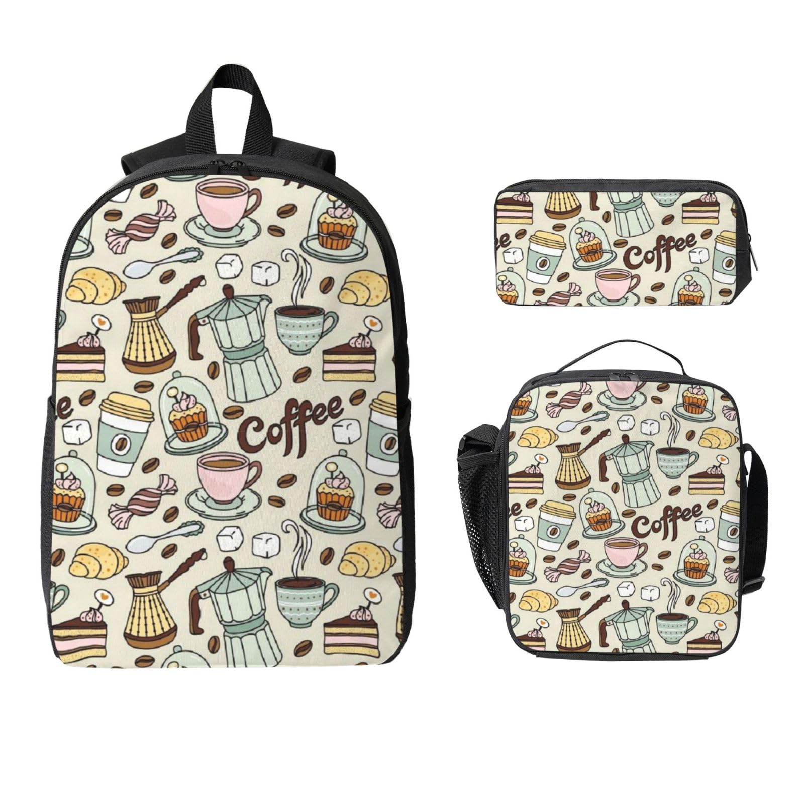 Kawa i słodycze cukier czekolada z nadrukiem 43 cm torba szkolna torba na długopis torba na lunch zestaw, Czarny, Jeden rozmiar, Etui na monety