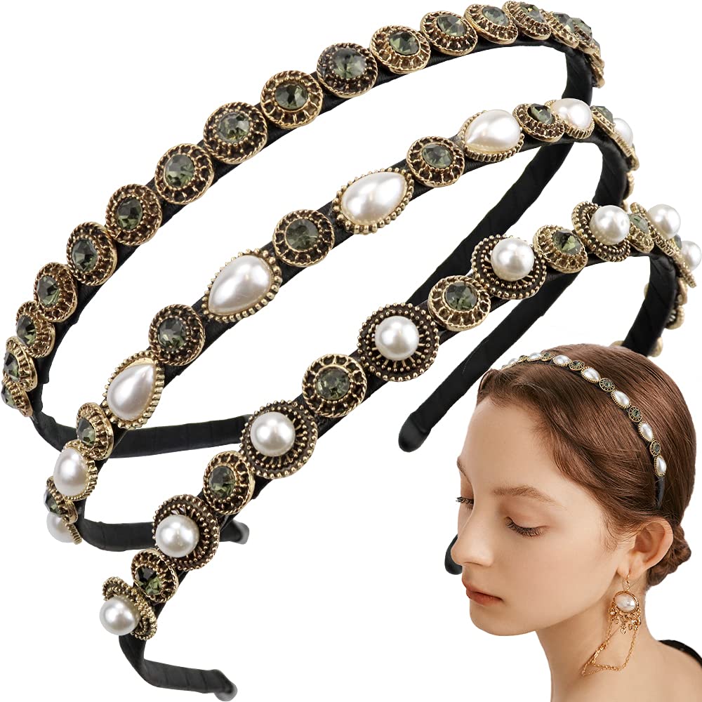 3 Pcs Pearls Rhinestones Thin Headbands for Women Girls Luxury Vintage Hair Bands for Women’s Hair with Cloth Wrapped Metal Hair Hoop Baroque Headpiece Elastic Head Bands
