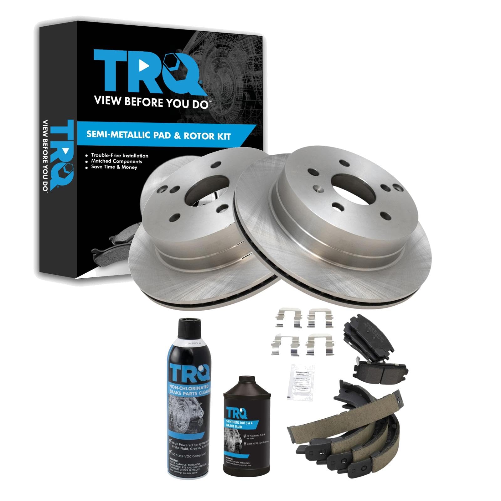 TRQ Rear Brake Pad &amp; Rotor Kit, with Chemical Kit Parking Brake Shoe Set Semi-Metallic Compatible with 2010-2017 Chevrolet Equinox GMC Terrain
