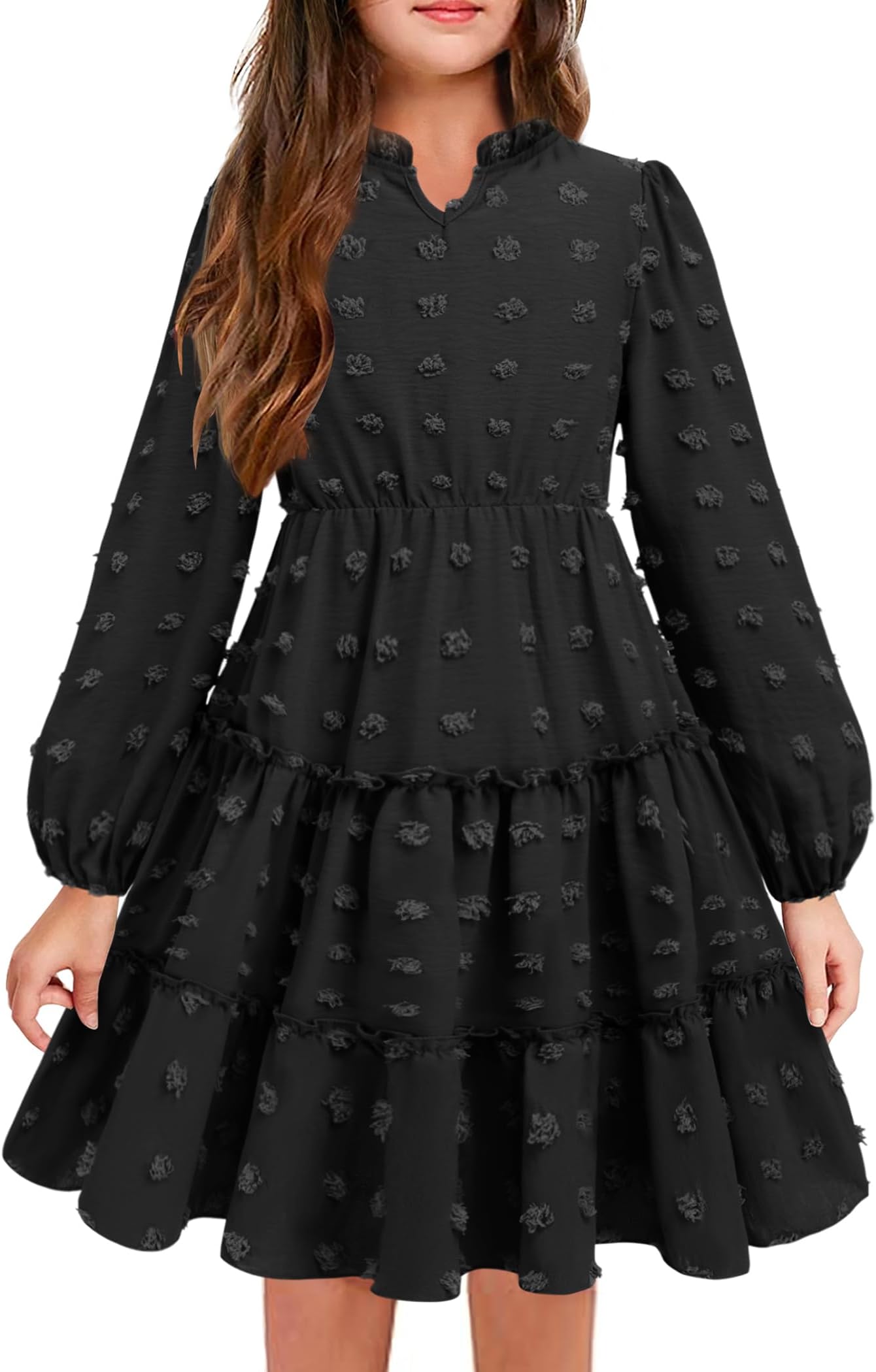 Girls Dresses Long Sleeve Swiss Dot V Neck Ruffle Tiered Casual Party Dress