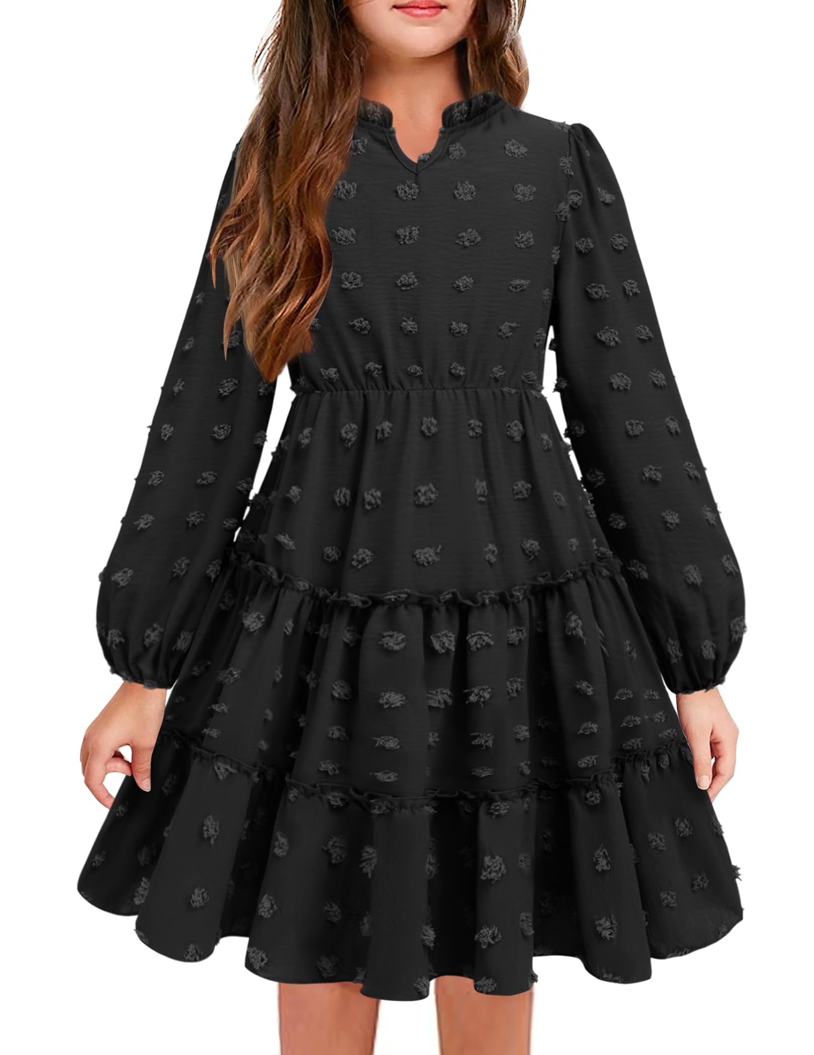 Girls Dresses Long Sleeve Swiss Dot V Neck Ruffle Tiered Casual Party Dress