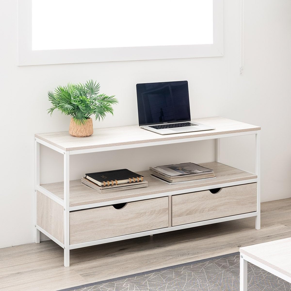 LOLAhome Mueble de TV de Acero y Tablero Blanco y Natural de 120x39x57 cm | Diseño industrial con 2 cajones para un salón organizado. Superficie amplia y almacenaje discreto para tus dispositivos.