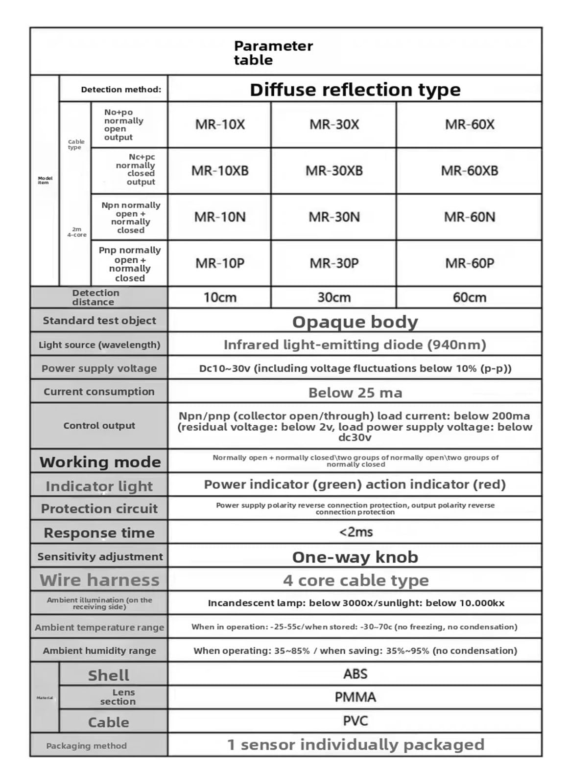 Capteur de Commutation photoélectrique MR-10X MR-30X MR-60X/N//Normalement Ouvert + normalement fermé(MR-30X)