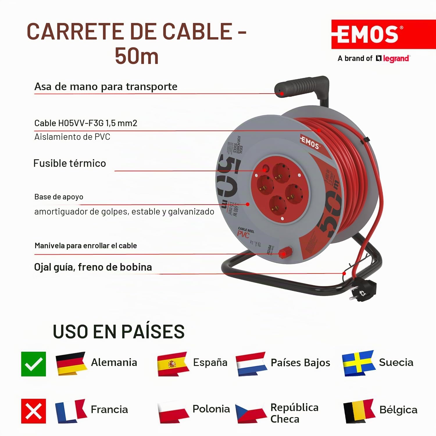 EMOS - Tambor de Cable de 50m - 4 enchufes Schuko - 230 V, 16 A, 3680 W - Aislamiento PVC H05VV-F3G 1,5 mm2 - Protección contra sobrecalentamiento - IP20 para Interiores