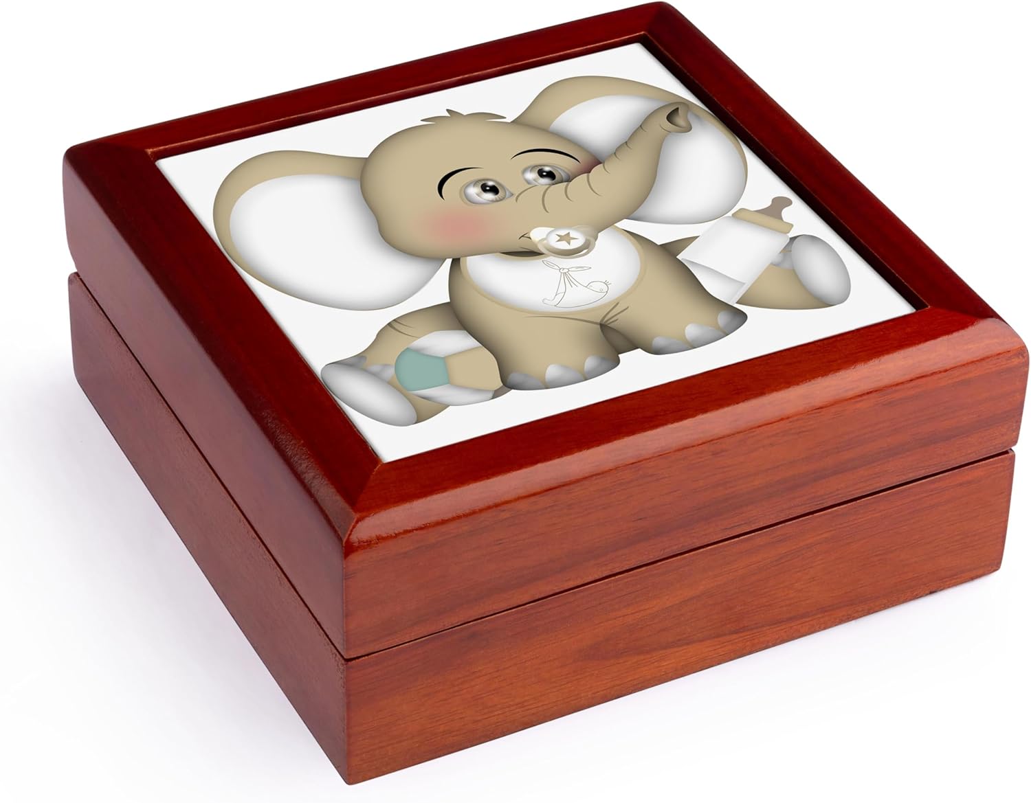 3dRose Cute Beige and White Baby Elephant With A Bottle and Pacifier Jewelry Box 7 x 7 inch with 4 inch tile