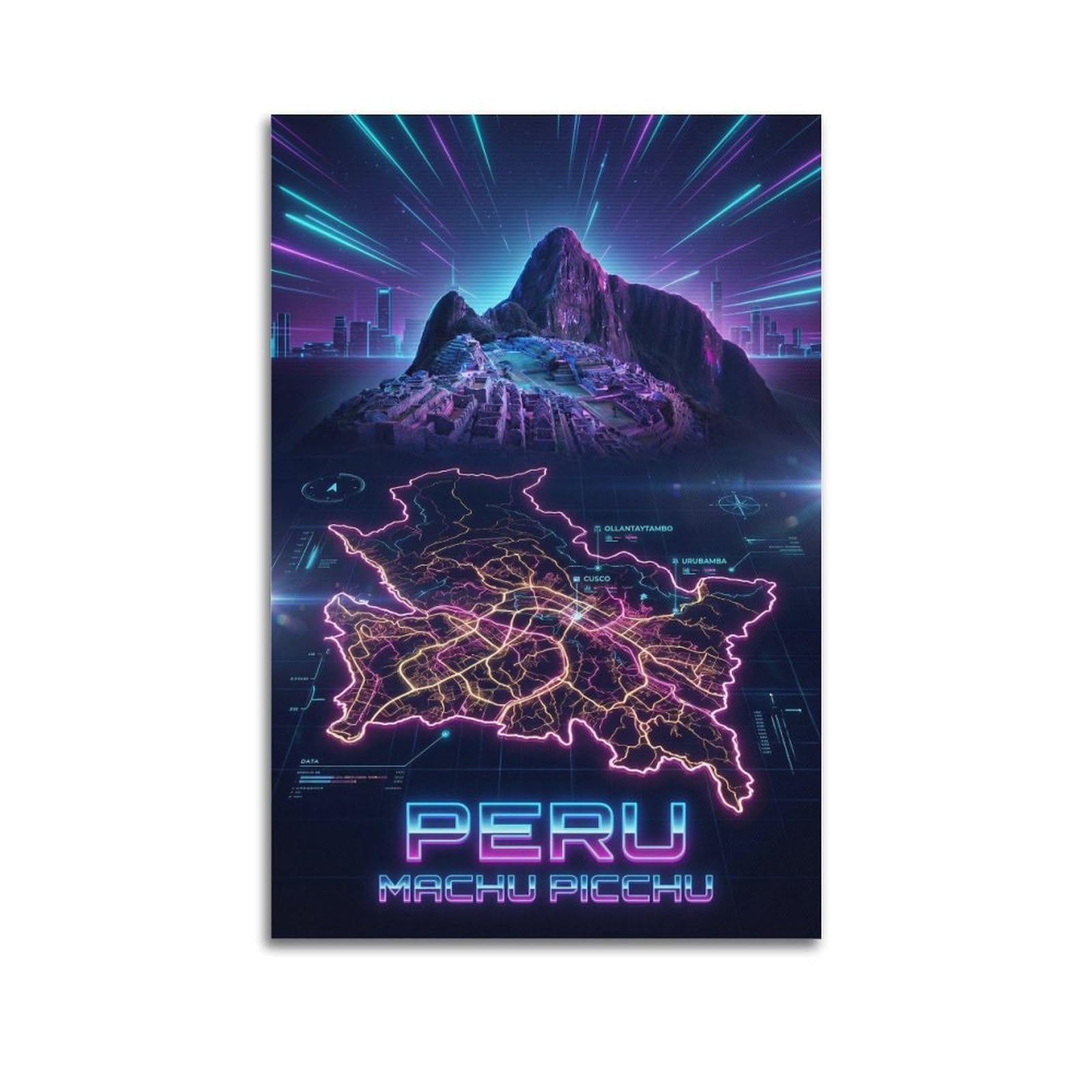 XKUGA Peru Machu Picchu 80s Neon Map Gamer Room Poster Modern Decorative Canvas Prints - Ideal Wall Art for Family, Man Cave, Game Room, Boys & Girls Bedroom 20x30inch(50x75cm)