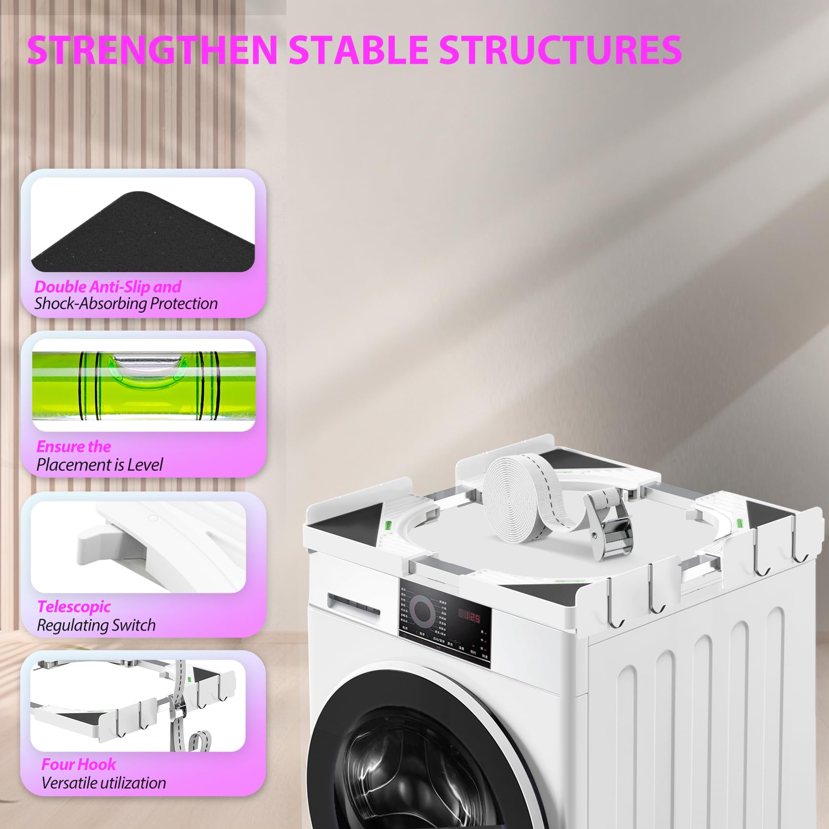 Ultrasottile Kit Sovrapposizione Lavatrice & Asciugatrice Universale | Sistema di Impilaggio Regolabile 45-68cm/ Con 4 ganci | Anti-Vibrazione & Installazione Senza Fori per Candy/Whirlpool (Bianco)
