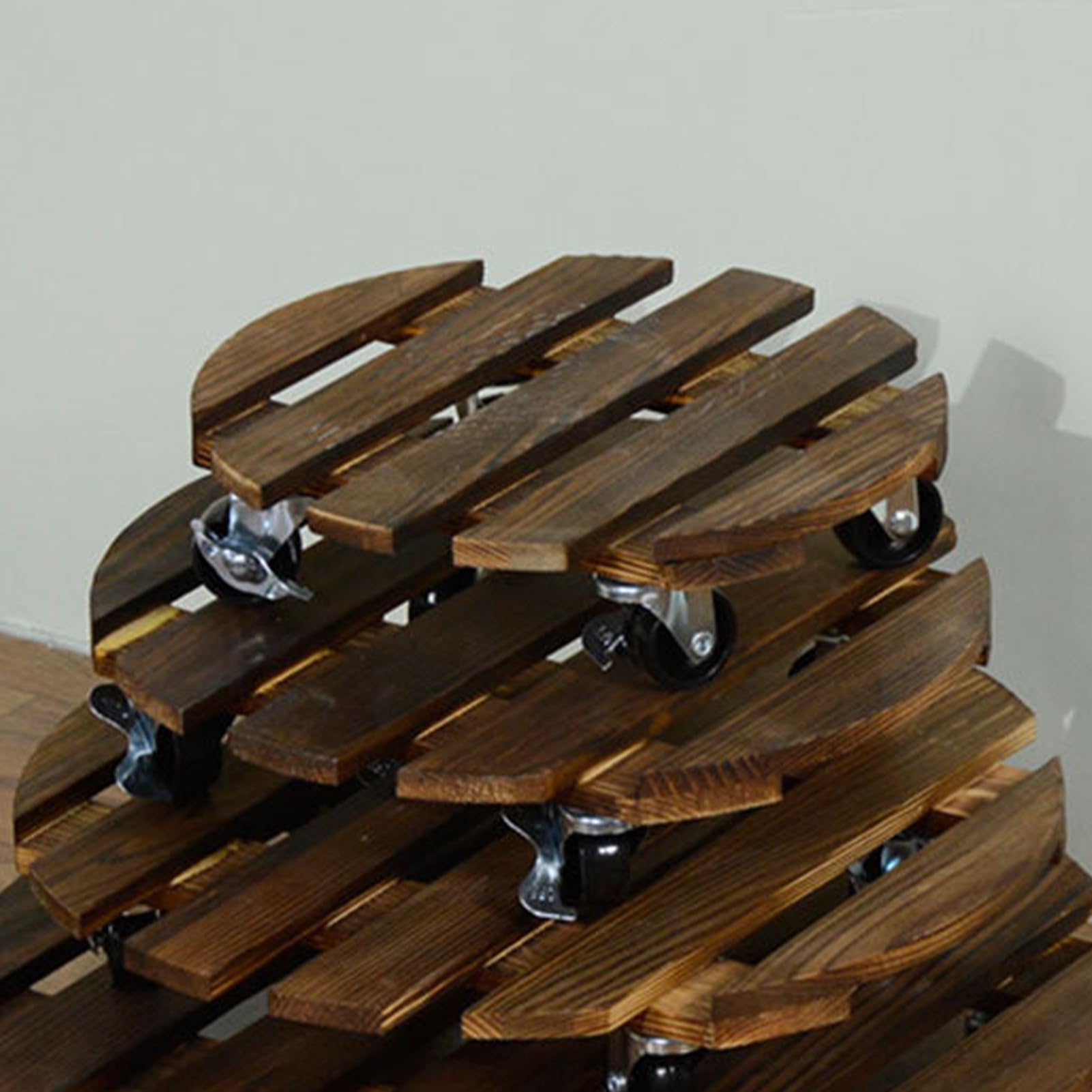 Pflanzkorb aus Holz mit Rädern, 35 cm, rundes Rolltablett, Buchen-Pflanzgefäßständer, Blumentopf-Basis, langlebige Edelstahl-Räder, leicht zu bewegen
