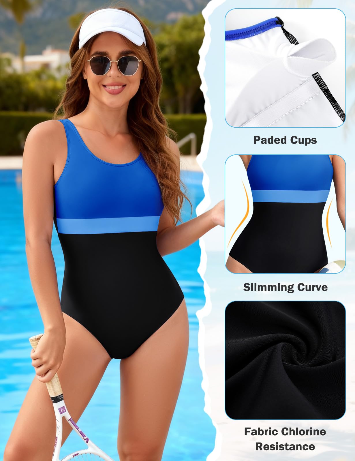 Costume Intero Donna Sportivo Push Up Swimsuit Costume da Bagno con Scollo Posteriore Resistente alCloro e ai Colori Piscina Spiaggia