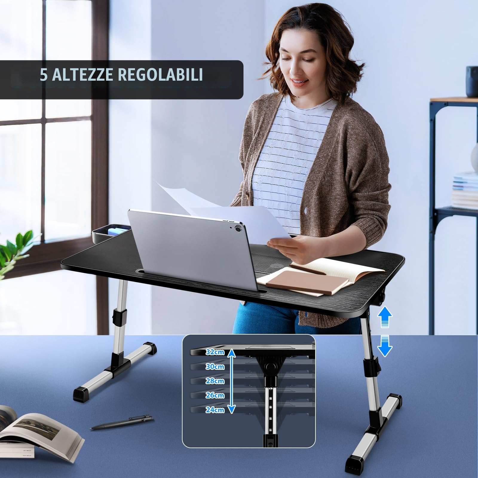 ICARE Tavolino da Letto, Regolabile in Altezza und Angolo, Scrivania da Letto con Ventola PC, Supporto per Tablet, Cassettiera, Tavolo per Letto, Divano, Pavimento (60 x 34 cm, Nero)
