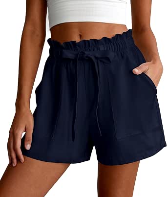 PRETTYGARDEN Summer Shorts for Women Casual Ruffle Drawstring High Waist Wide Leg Lounge Shorts