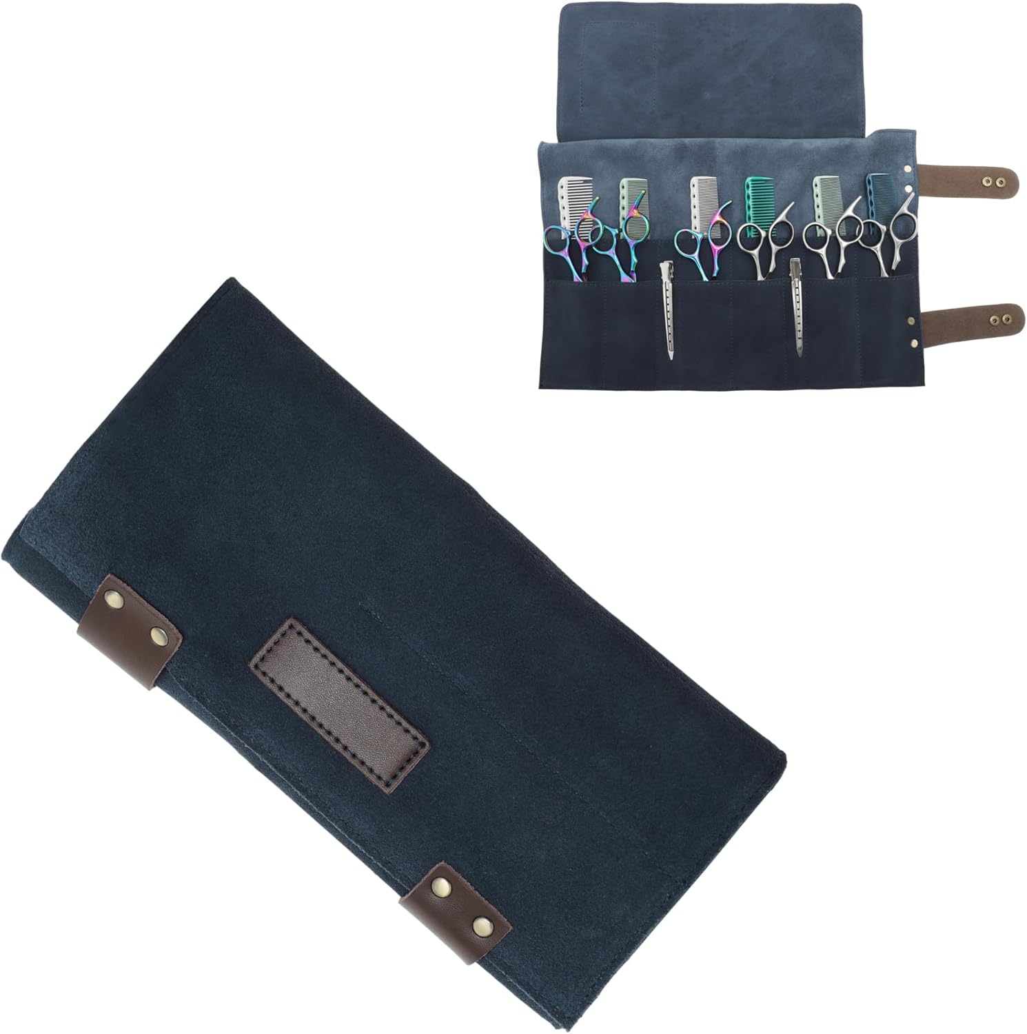 VOCOSTE Barber Scissors Bag Roll Up, Durable & Foldable Salons Tool Pouch with Multi-Pockets, Hair Scissor Shears Cases for Hair Stylists, Blue