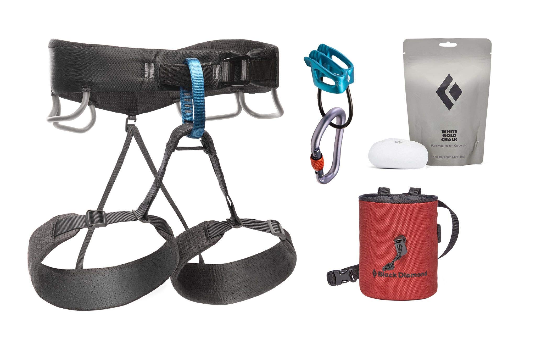 Black Diamond Mens Momentum Rock Climbing Harness Package with Harness, Chalk Bag, Chalk, Locking Carabiner, and Belay Device