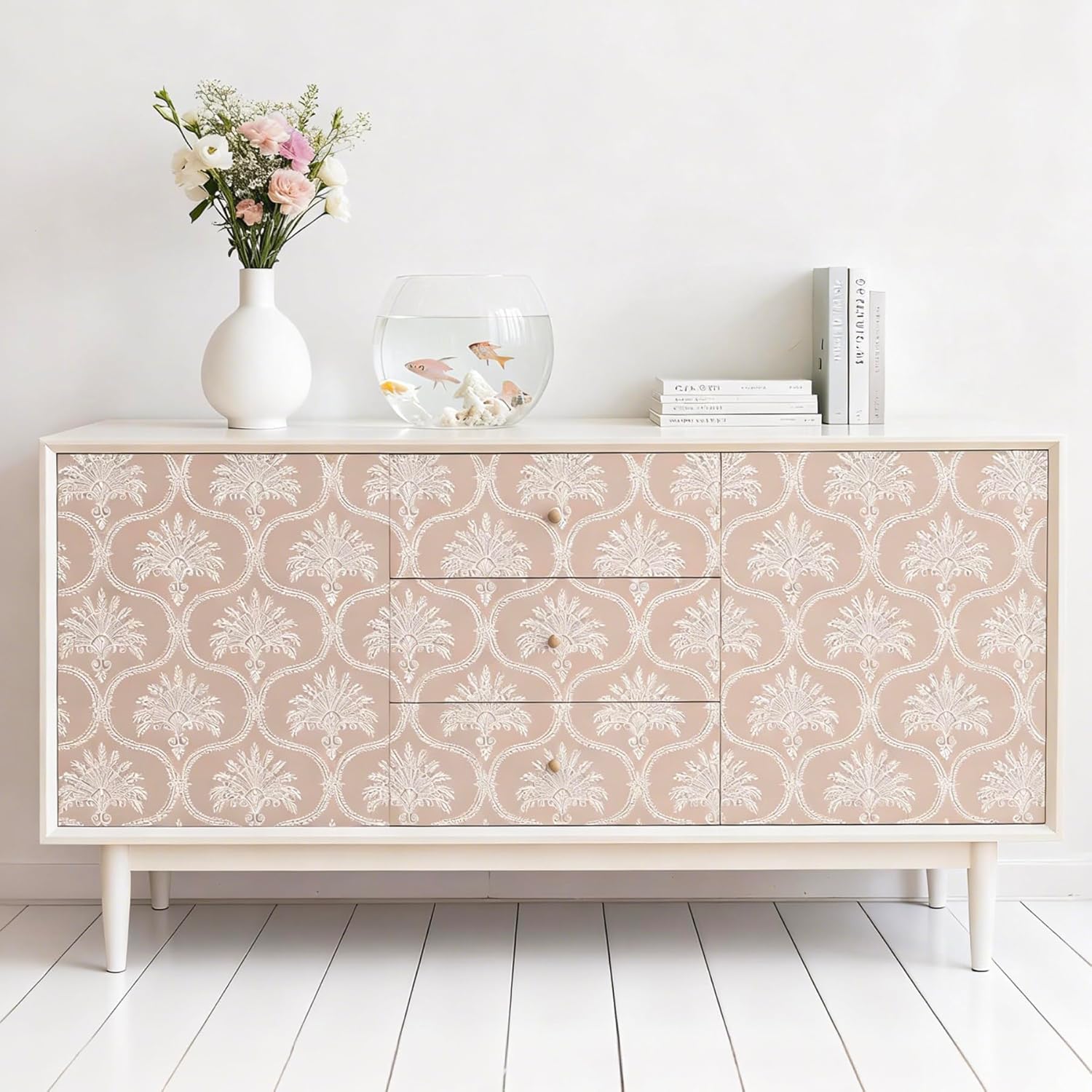 Decotalk 17.5x354 Inch Damask Wallpaper Peel and Stick Beige White Flower Wall Paper Baroque Damask Wallpaper Self Adhesive Floral Wall Paper for Bathroom Bedroom White Beige Baroque Pattern
