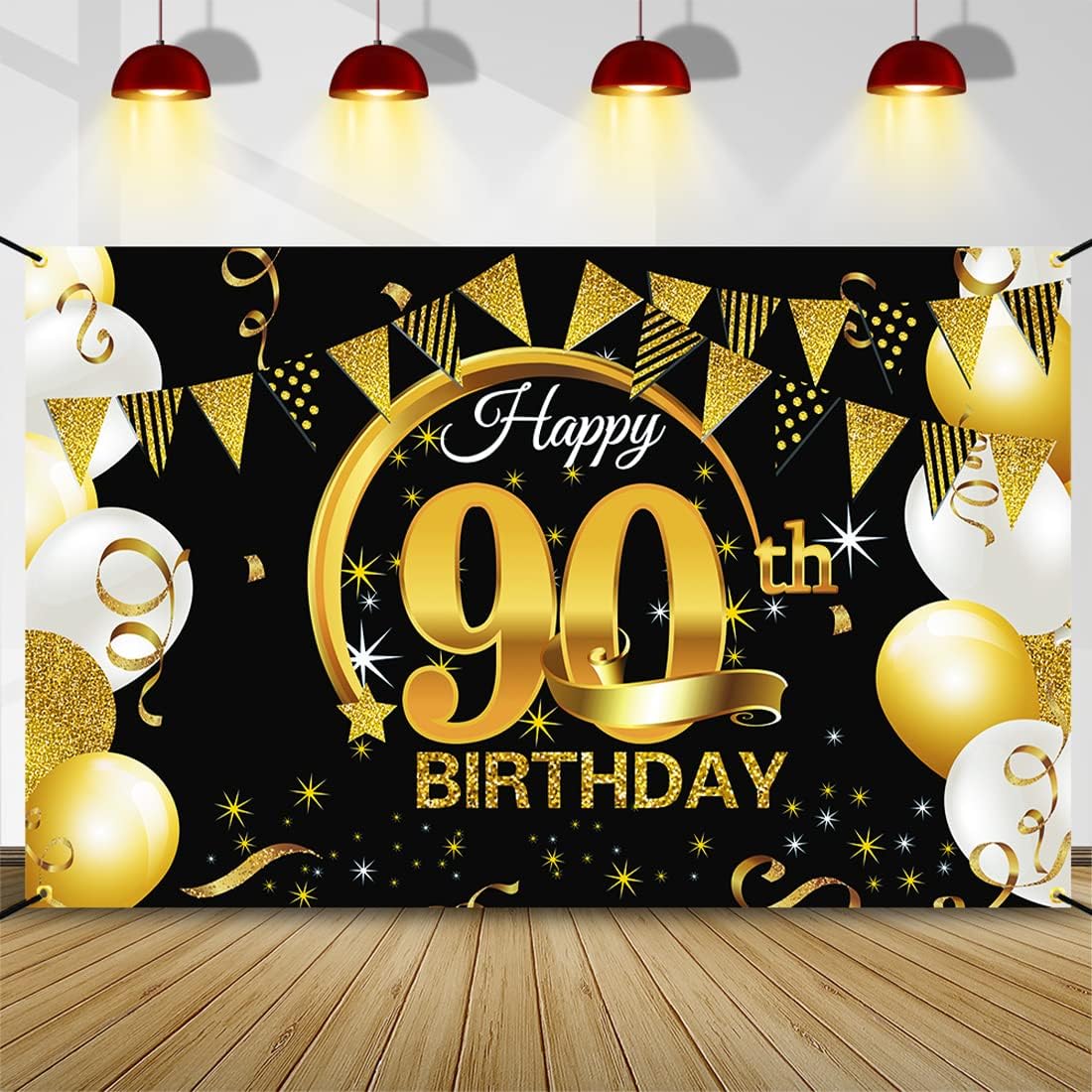 Deco Anniversaire 90 ans Noir Or, Banderole Anniversaire 90 ans ...