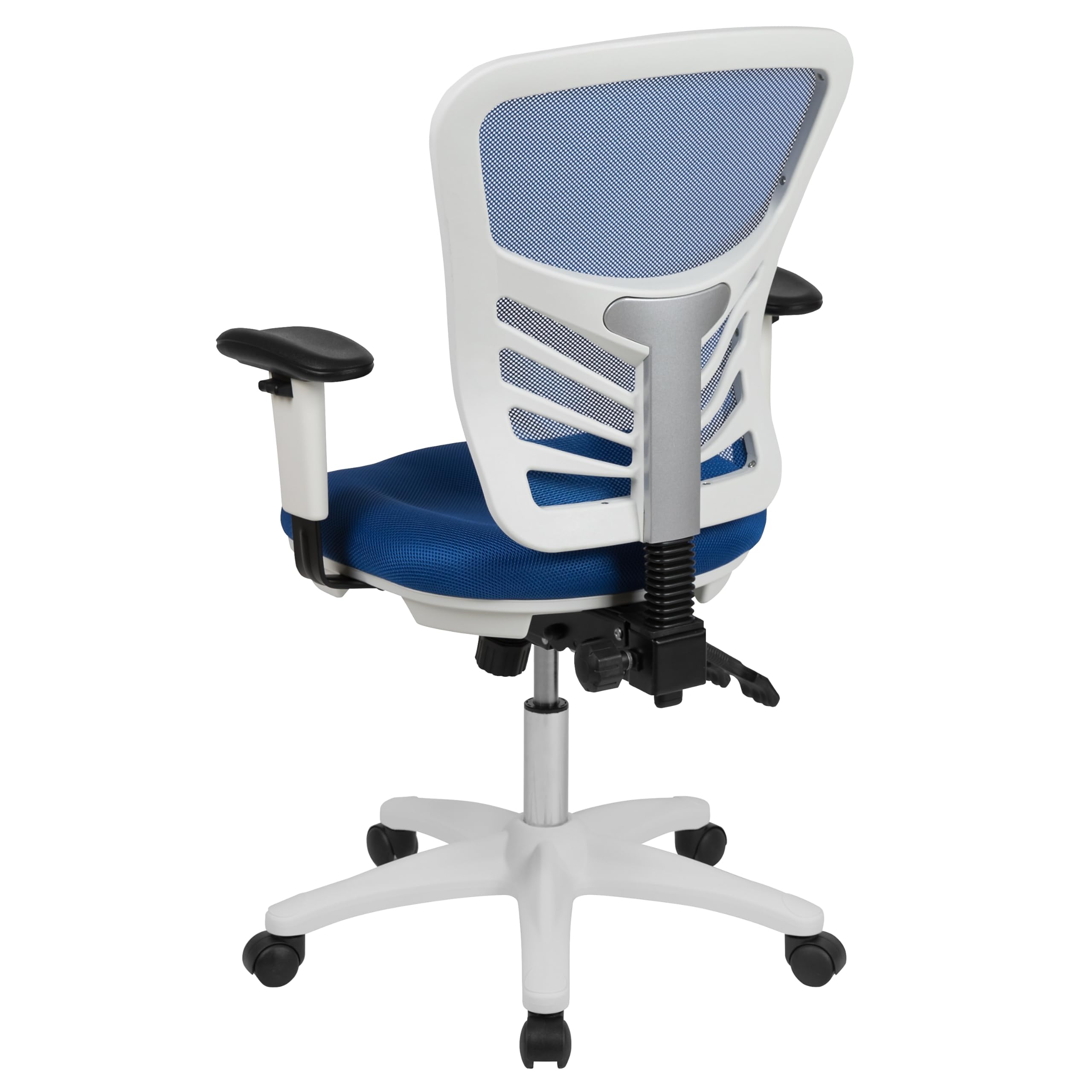 Flash Furniture Nicholas - Silla de Oficina ergonómica giratoria multifunción de Malla Azul con Brazos Ajustables y Marco Blanco