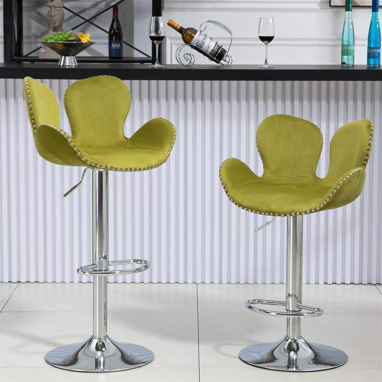 TRIPLE TREE 2pc Bar Stools with Footrest, Comfy Velvet Bar