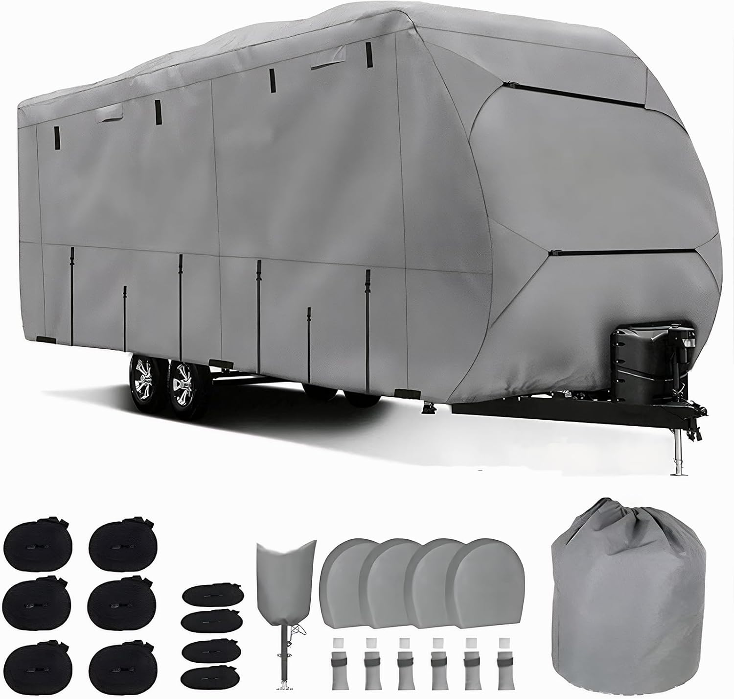 420D Oxford Fabric Travel Trailer RV Cover Straps & Storage Bag Slide-in Camper Cover W/Tire & Jack Covers Camper Travel Trailer Cover for All Weather Protection
