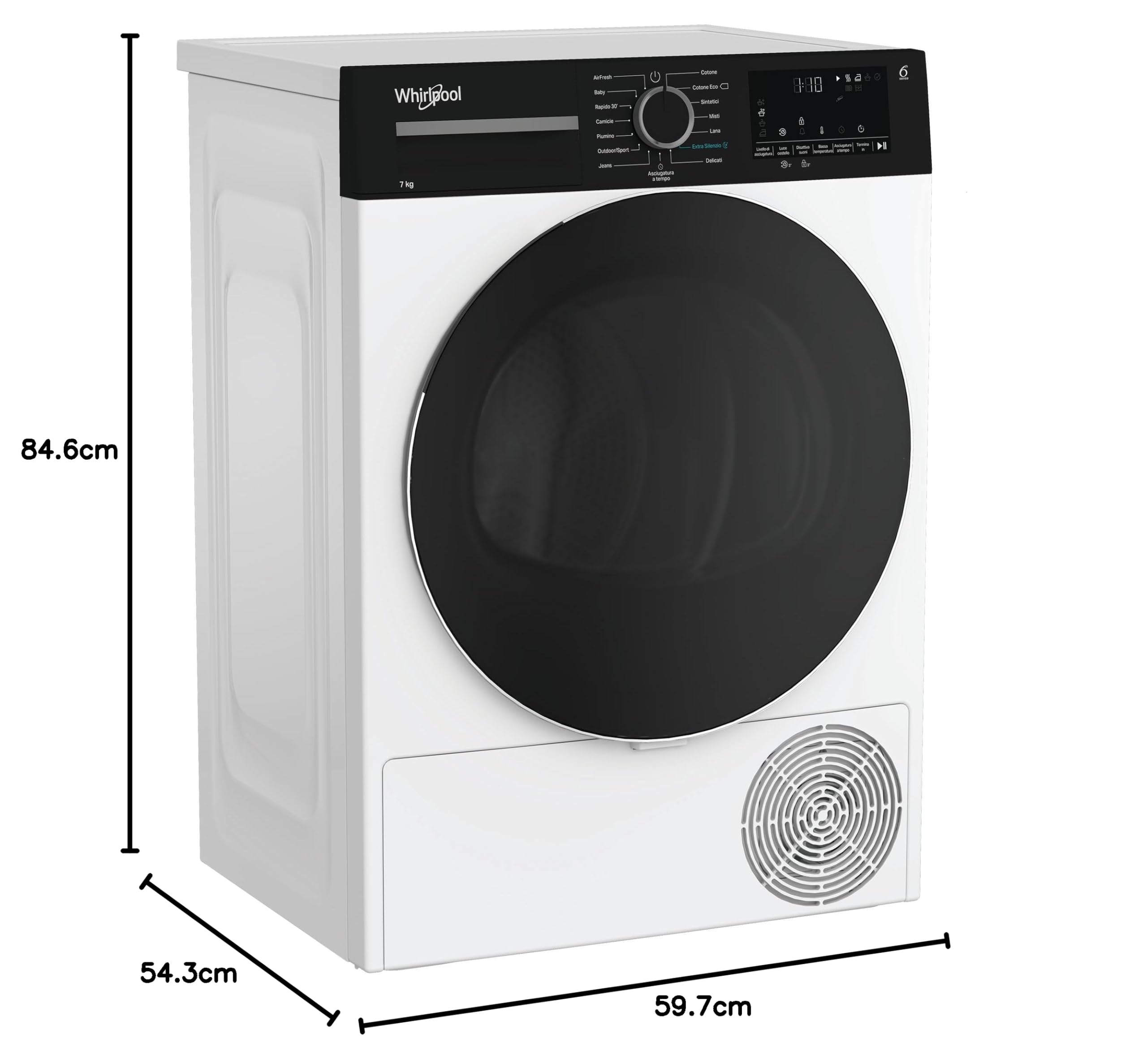 Whirlpool C WSD 74M WBS IT– Asciugatrice Slim 7 Kg A Pompa Di Calore, Libera Installazione, Classe C, 6° SENSO, Motore Senseinverter, Extra Silenzio, AirFresh, 84,6 x 59,7 x 54,5 cm