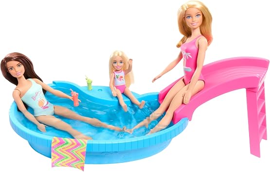 Barbie Doll and Pool Playset, Blonde in Tropical Pink One-Piece Swimsuit with Pool, Slide, Towel and Drink Accessories, HRJ74