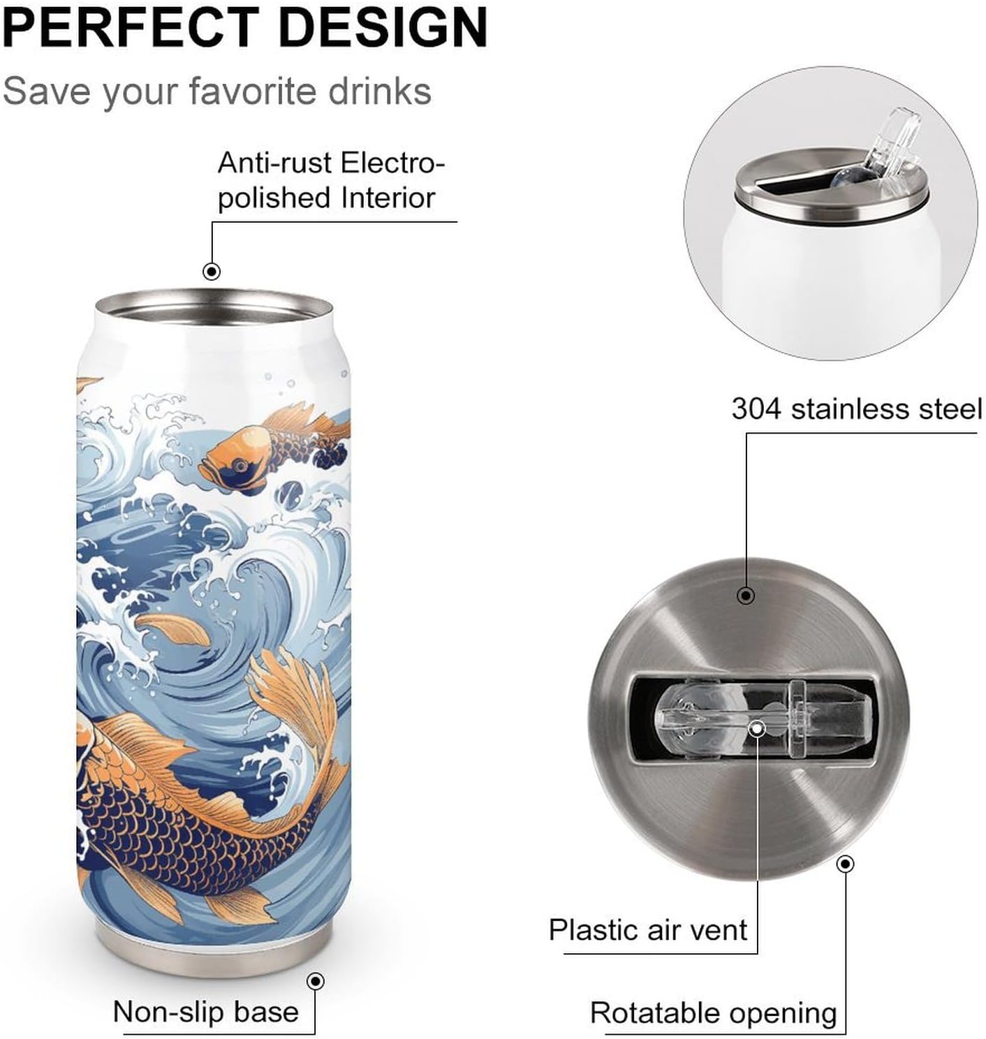 Stainless Steel Cups Carp with Wave Patterned Printed Coke Cup Stainless Steel Insulated Cups with Lid And Straw