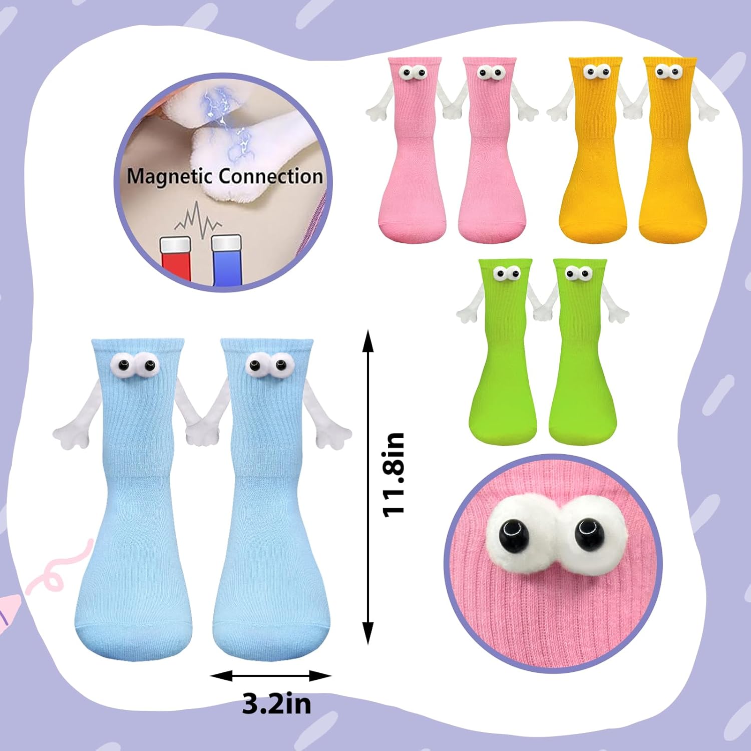 4 Pairs Colorful Magnetic Holding Hands Socks Funny Gifts For Couples Anniversary, Best Friends Engagements, Teens-3D Eye Hand Holding Cute Socks Novelty Birthday Gifts for Men Women - Image 2