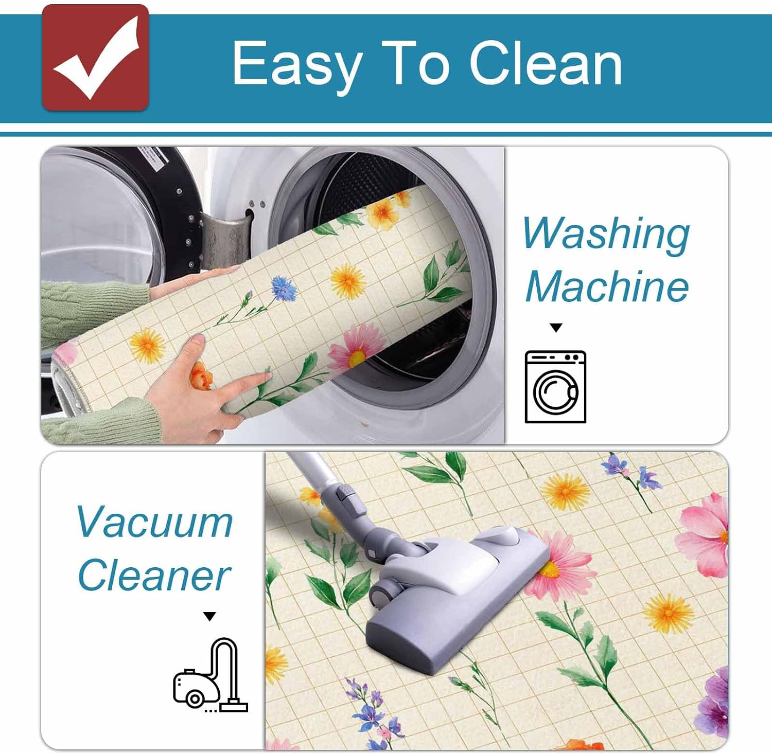 Prime Leader Spring Summer Wildflowers Kitchen Mat Set 2 Pieces Pink Green Yellow Floral Plaid Non Slip Kitchen Rugs Washable Runner Rug Mats for Floor Sink Laundry Office 19.7" x 31.5"+19.7" x 47.2"