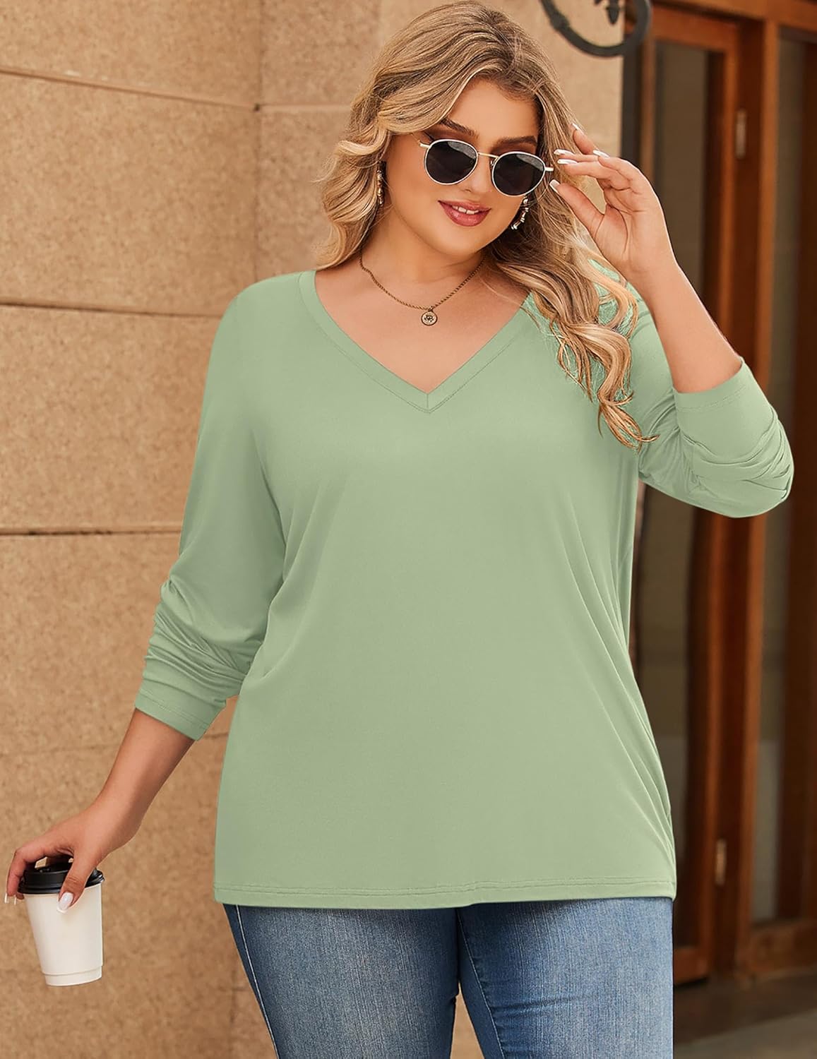IN'VOLAND Womens Plus Size Long Sleeve Shirts V Neck Basic Tee Tops Loose Fit Fall Outfits for Women 1X-5X - Image 3